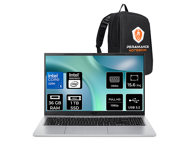 ACER Aspire Go FHD NXJRREY001P333 Intel Core 5 120U 36 GB RAM 1 TB SSD 15,6 inç FreeDOS Laptop+Çanta Gri