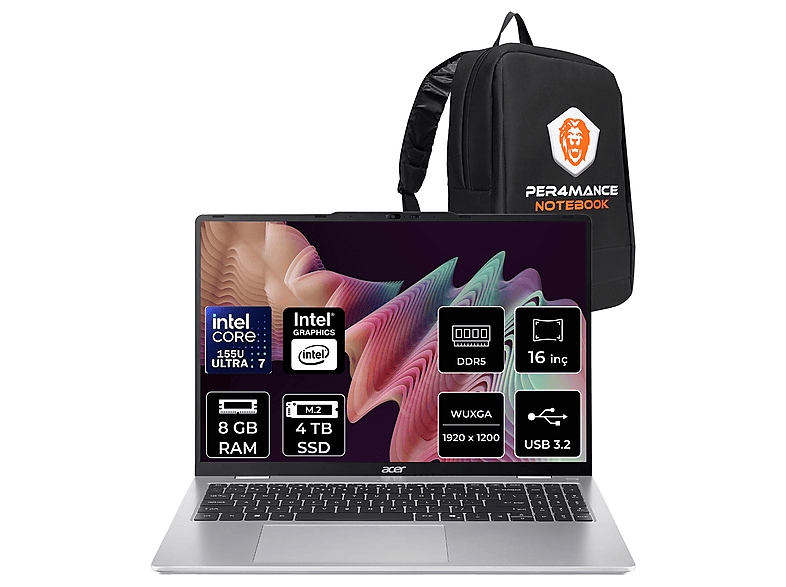 ACER Aspire Lite FHD+ NXD5EEY001P305 Intel Core Ultra 7 155U 8 GB RAM 4 TB SSD 16 inç FreeDOS Laptop+Çanta Gri