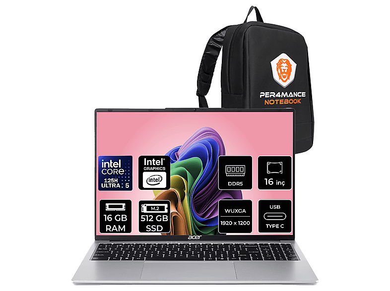 ACER Aspire Lite FHD+ NXDCLEY001P307 Intel Core Ultra 5 125H 16 GB RAM 512 GB SSD 16 inç FreeDOS Laptop+Çanta Gri