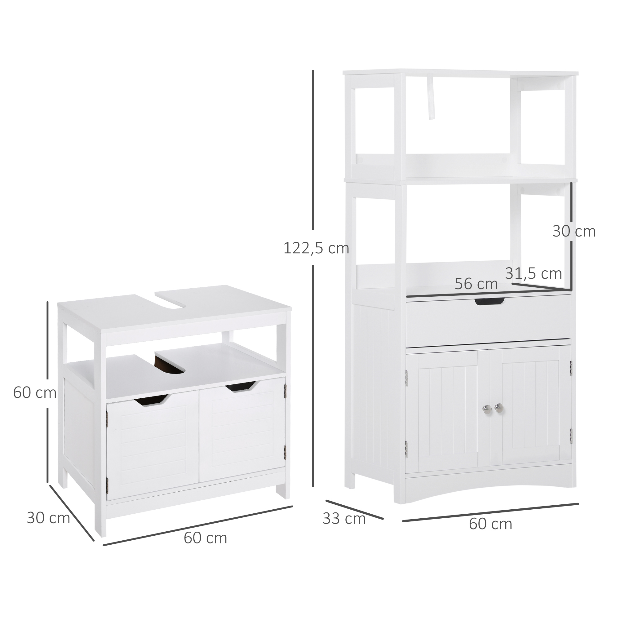 Dos gabinetes de madera blanca con dimensiones mostradas sobre fondo blanco.