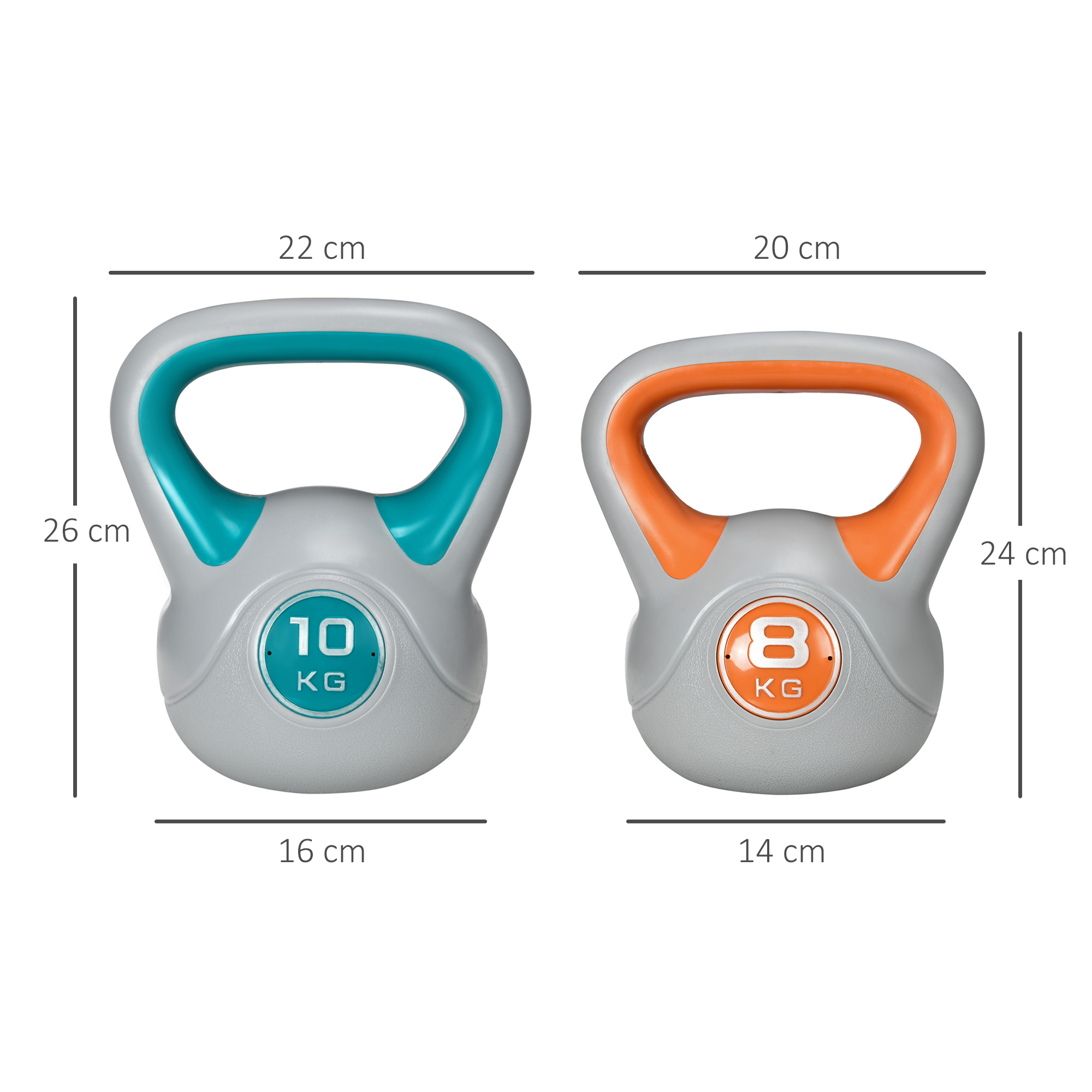Dos pesas rusas grises con dimensiones. Izquierda: 10 kg, asa azul, 22x26x16 cm. Derecha: 8 kg, asa naranja, 20x24x14 cm.