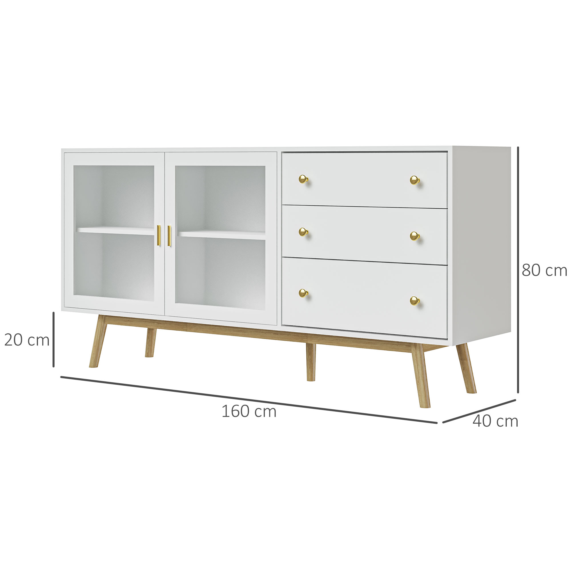 Aparador blanco con puertas de cristal, tres cajones, tiradores dorados, patas de madera y medidas.