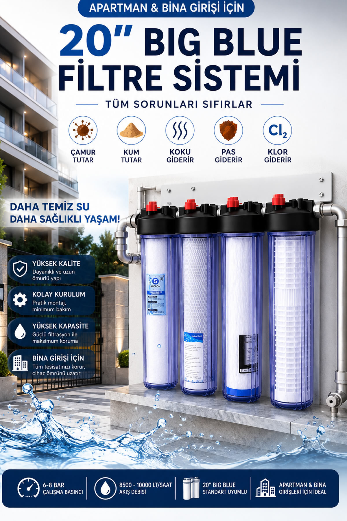 Modern bir binanın dışına monte edilmiş, tanıtım yazıları ve ikonlar içeren dörtlü mavi su arıtma.