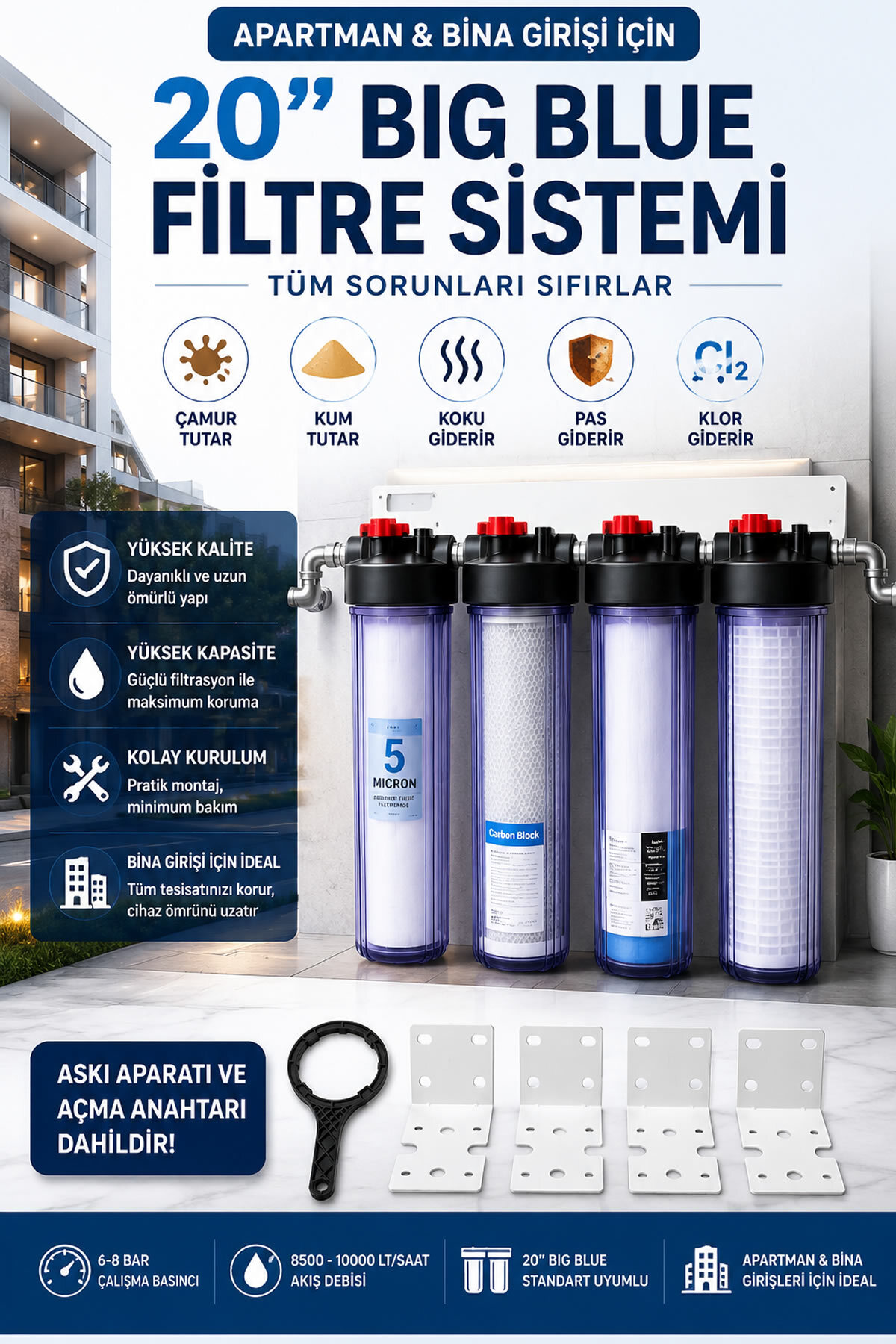 Dört mavi filtre gövdesi, braketler ve metin içeren 20 inç Big Blue su arıtma sistemi reklamı.