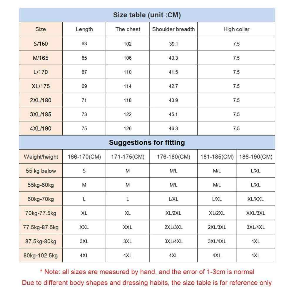 Size table and fitting suggestions with measurements in cm for various heights and weights.