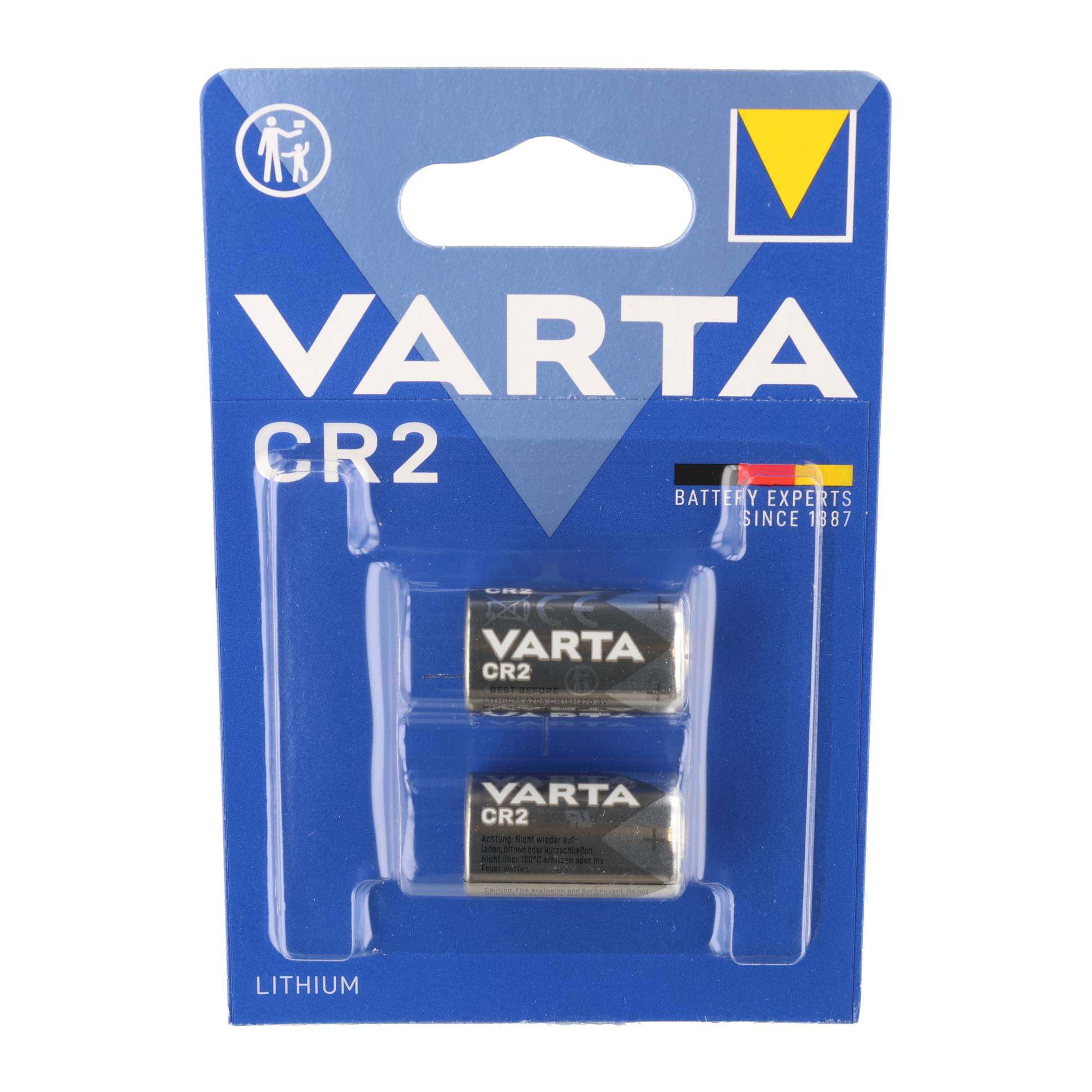 Blister pack containing two VARTA CR2 lithium batteries against a blue background.