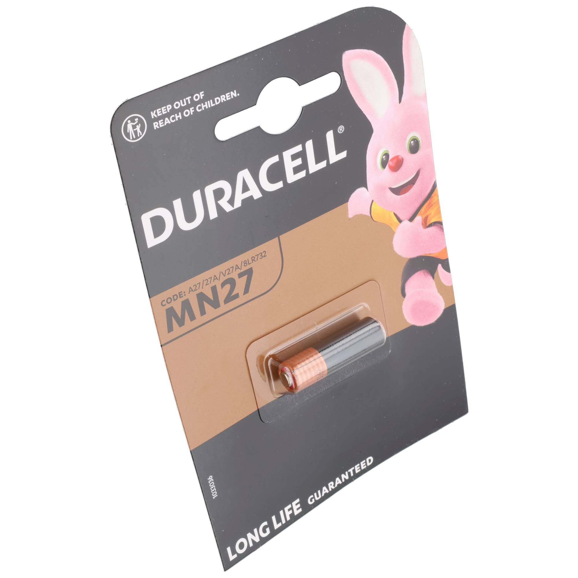 Duracell MN27 Batterie in Verpackung mit dem Duracell-Hasen rechts.