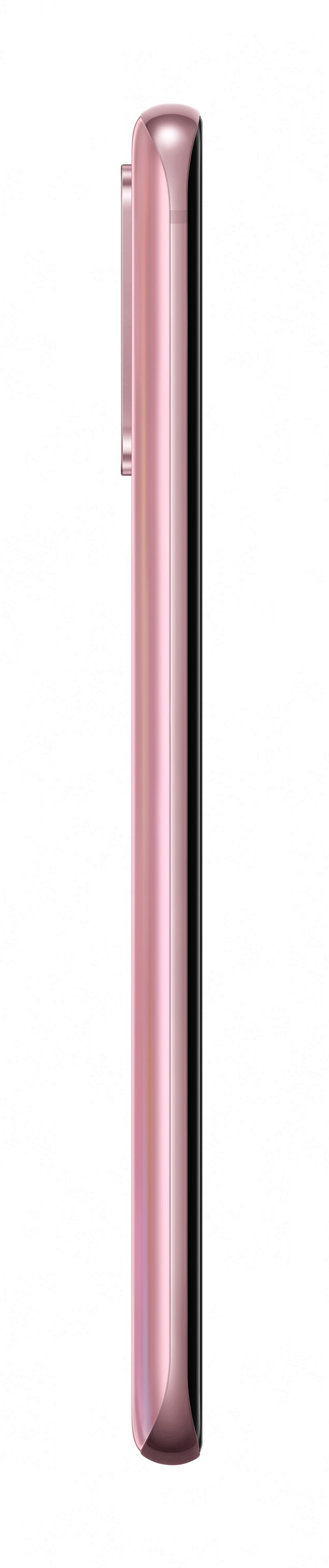 Vista lateral de un smartphone rosa con módulo de cámara vertical sobre fondo blanco.