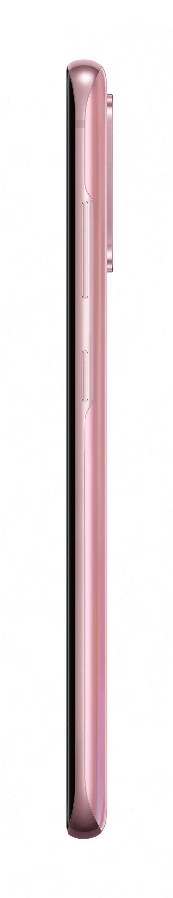 Vista lateral de un teléfono inteligente rosa que muestra botones físicos y el módulo de cámara sobre fondo blanco.