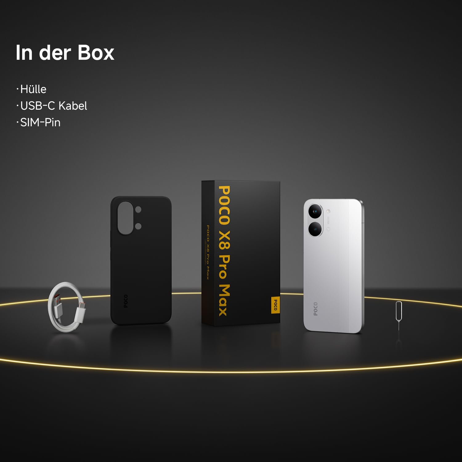 POCO X8 Pro Max Lieferumfang: eine Schutzhülle, USB-C-Kabel, SIM-Pin und das weiße Smartphone auf dunkler Fläche.