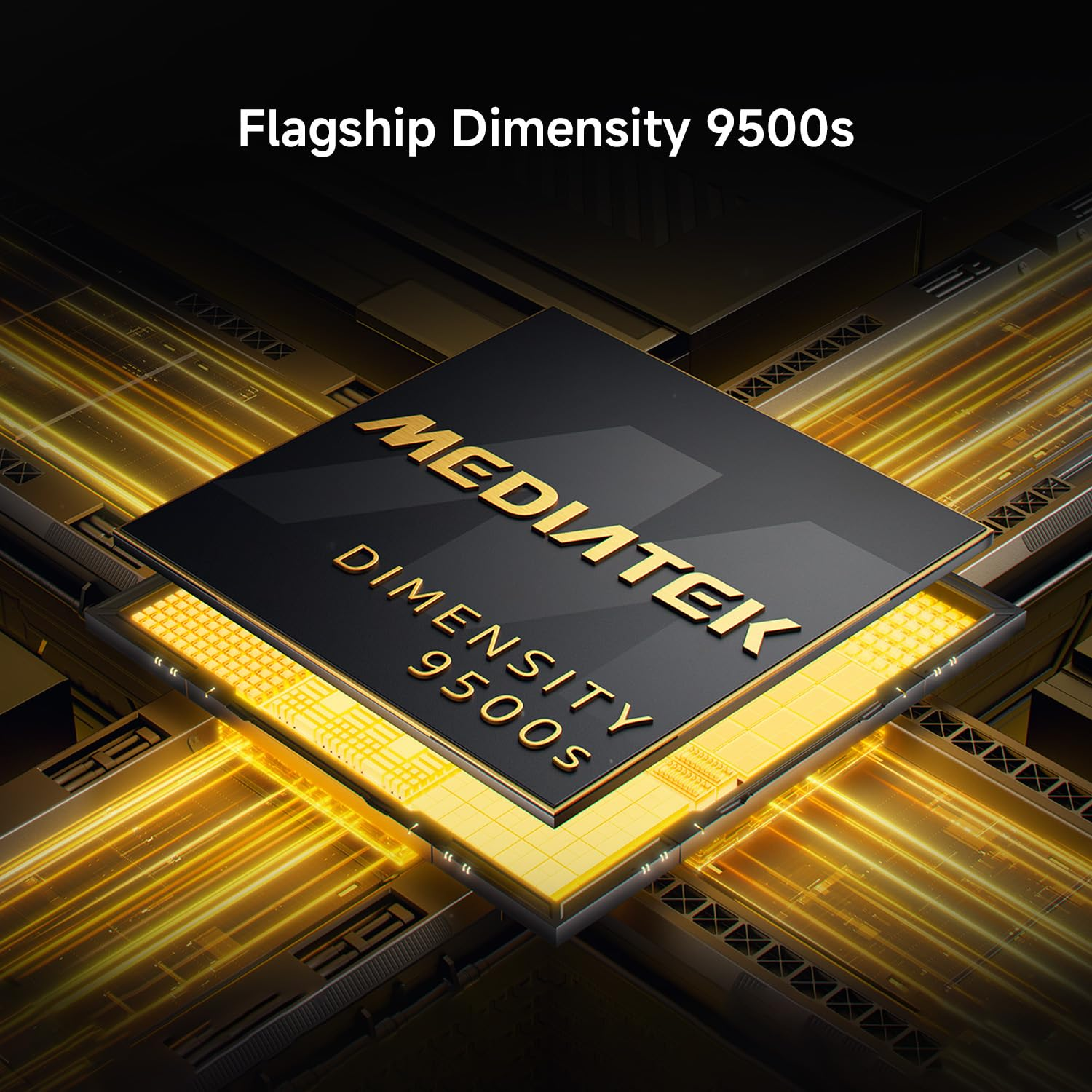 Mediatek Dimensity 9500s Mikroprozessor auf einer beleuchteten goldenen Platine mit Text oben.