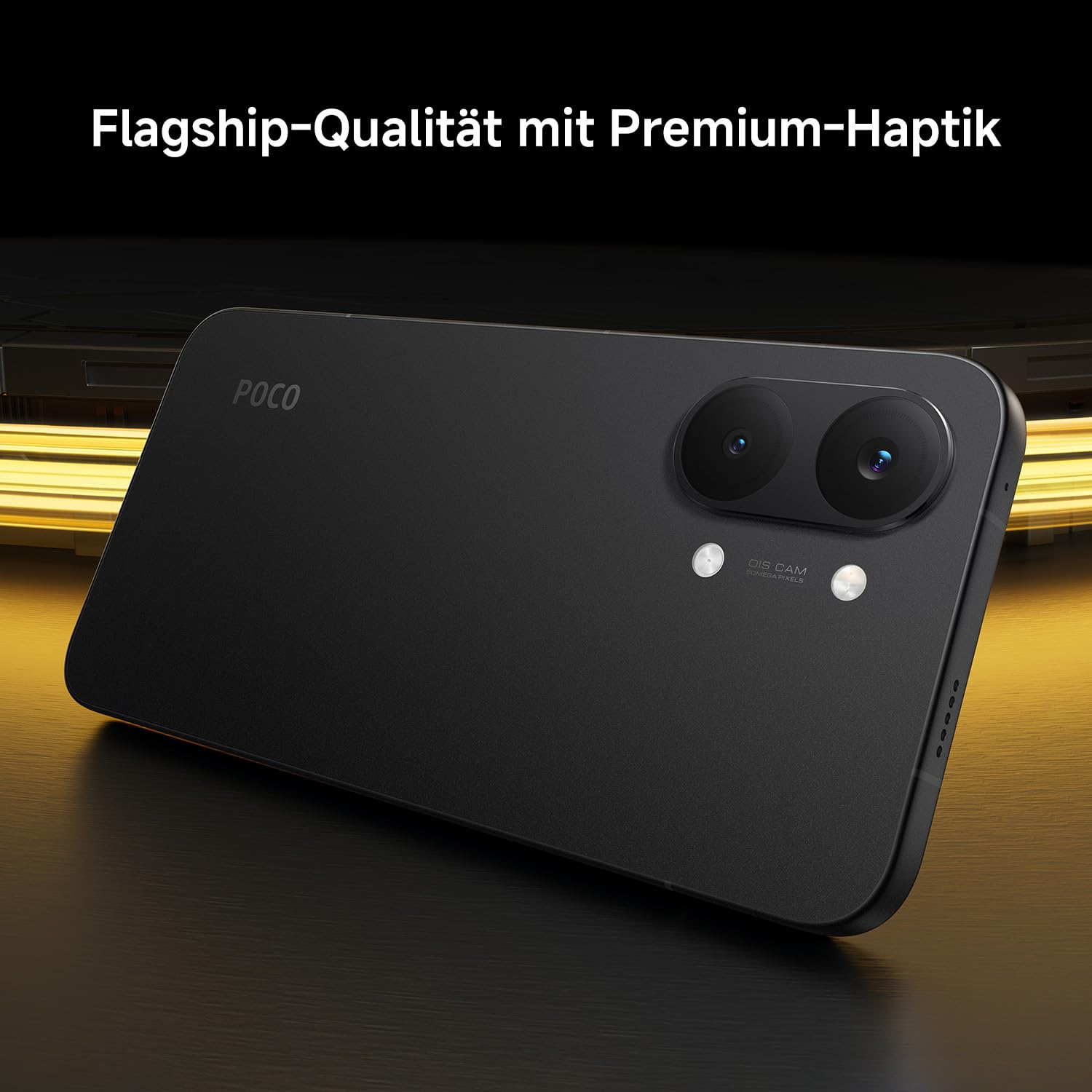 Schwarzes POCO-Smartphone mit zwei Hauptkameras und Blitz auf dunklem Hintergrund.