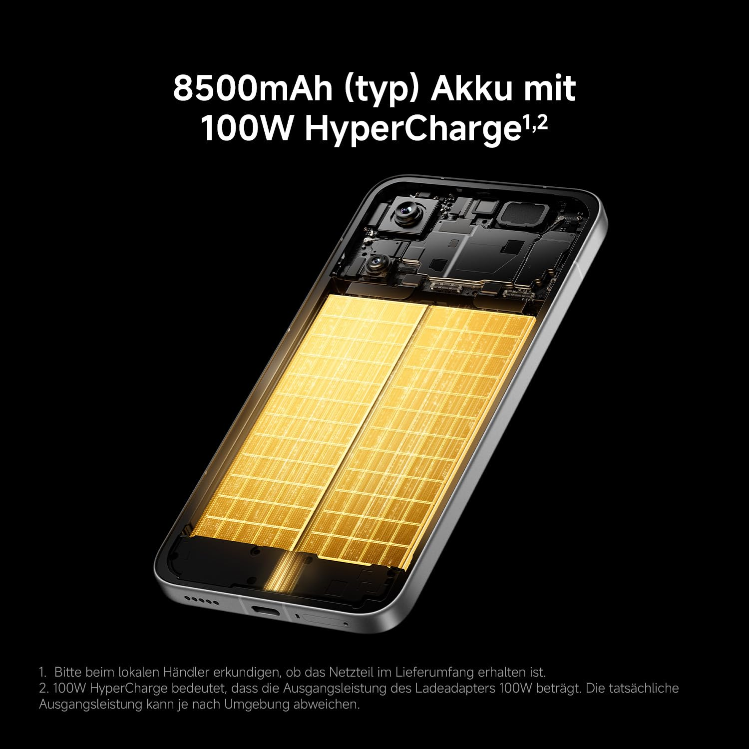 Smartphone-Innereien mit großem goldenem Akku und Text zu 8500mAh und 100W HyperCharge auf schwarzem Hintergrund.