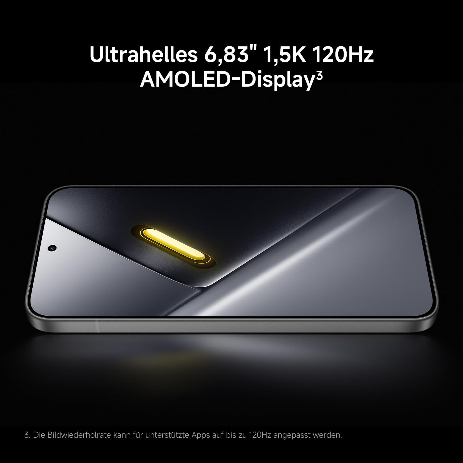 Smartphone mit AMOLED-Display und Text über Ultrahelligkeit vor schwarzem Hintergrund.