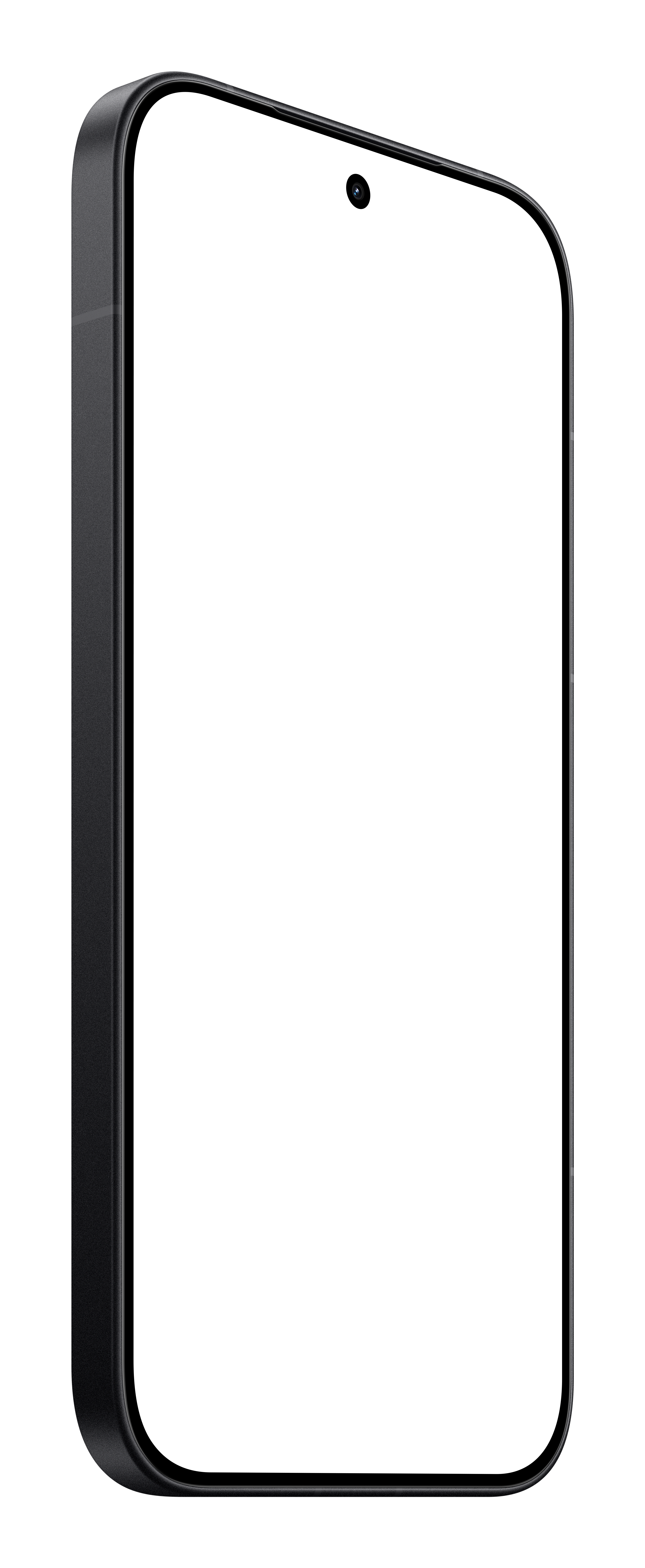 Ein schwarzes Smartphone mit weißem Bildschirm und Frontkamera in einer Ansicht von schräg vorn.