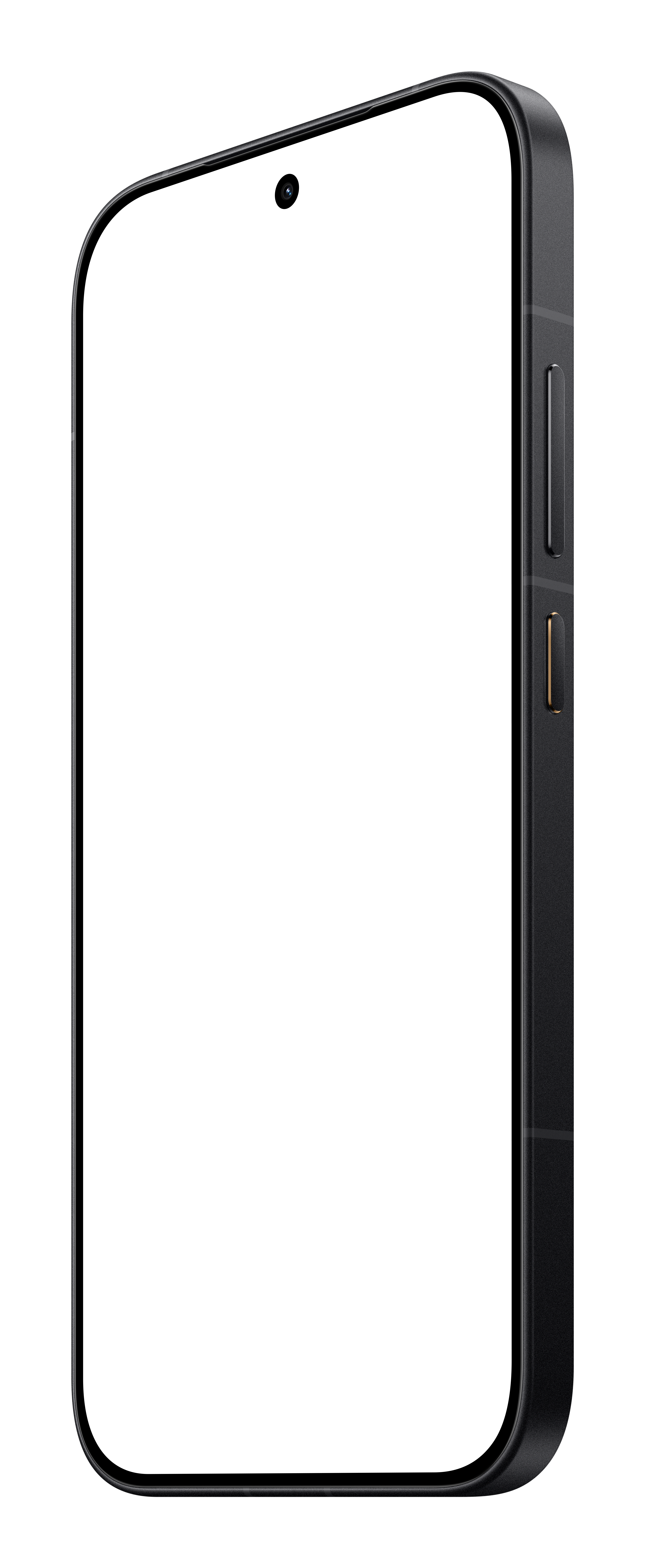Ein schwarzes Smartphone mit weißem Bildschirm wird aus dem rechten Frontwinkel gezeigt, mit Seitentasten und Frontkamera.