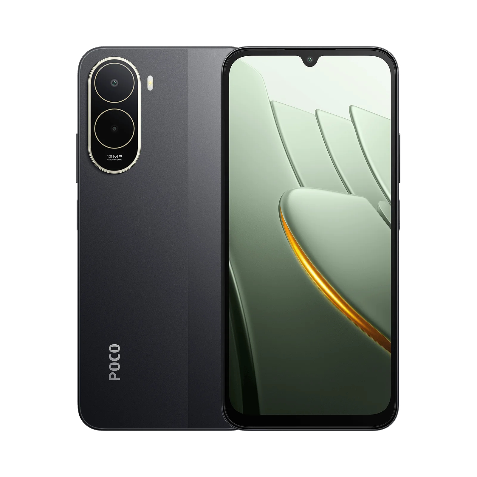 Uno smartphone Poco grigio con doppia fotocamera posteriore e schermo verde.