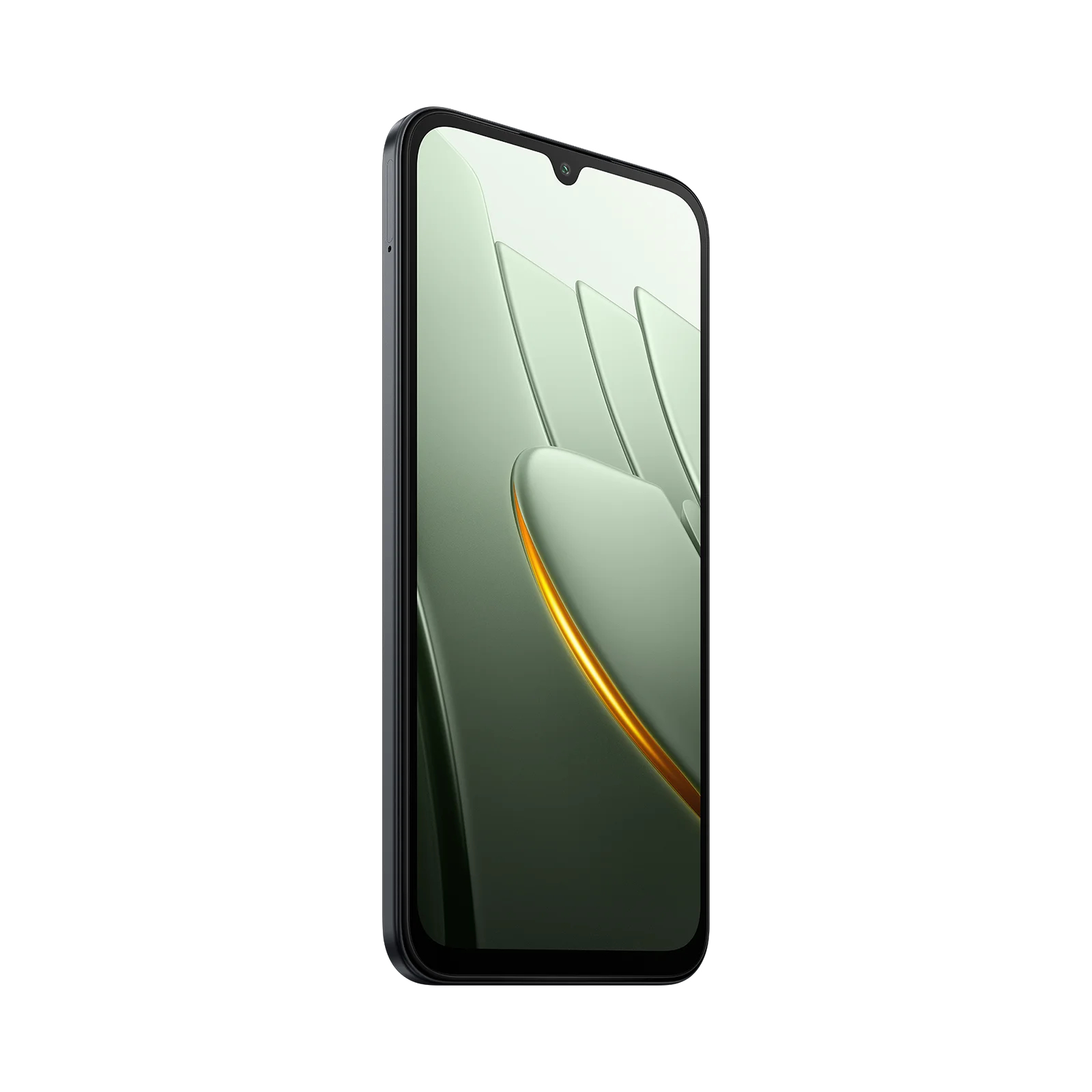 Uno smartphone nero con uno schermo che mostra un design verde astratto con linee luminose.
