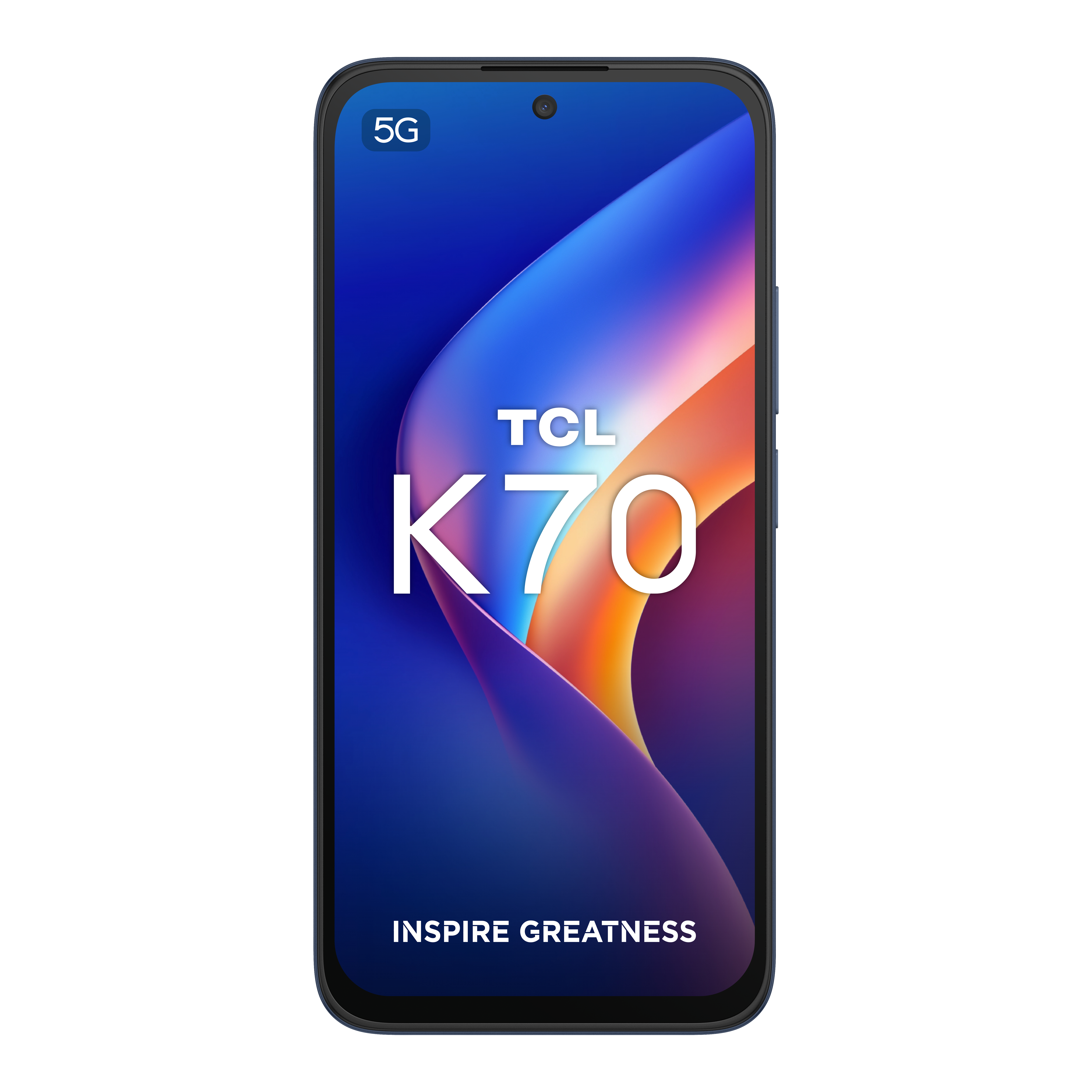 Smartphone TCL K70 5G con sfondo colorato, fotocamera frontale e lo slogan Inspire Greatness.