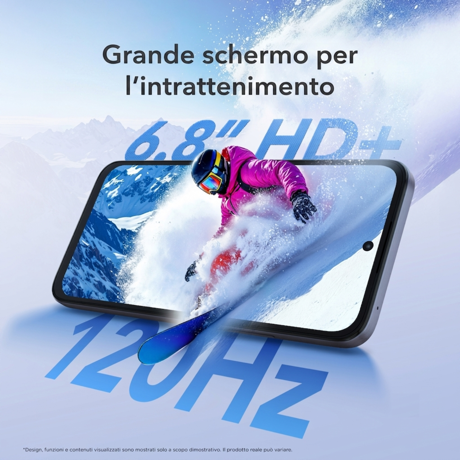 Smartphone che mostra uno sciatore in azione, con testo promozionale e sfondo montano blu.