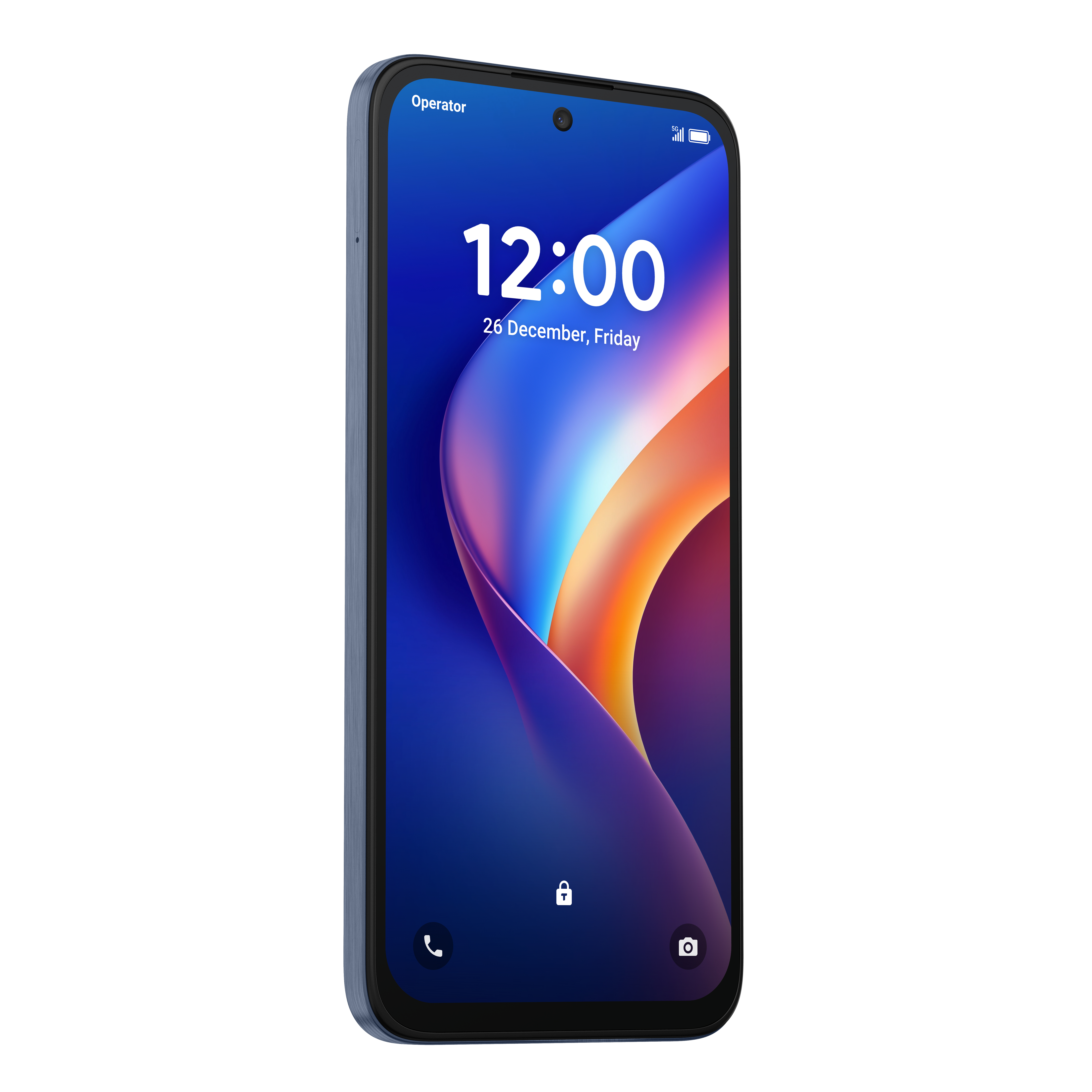 Uno smartphone che mostra uno sfondo curvo blu con le 12:00 e la data.