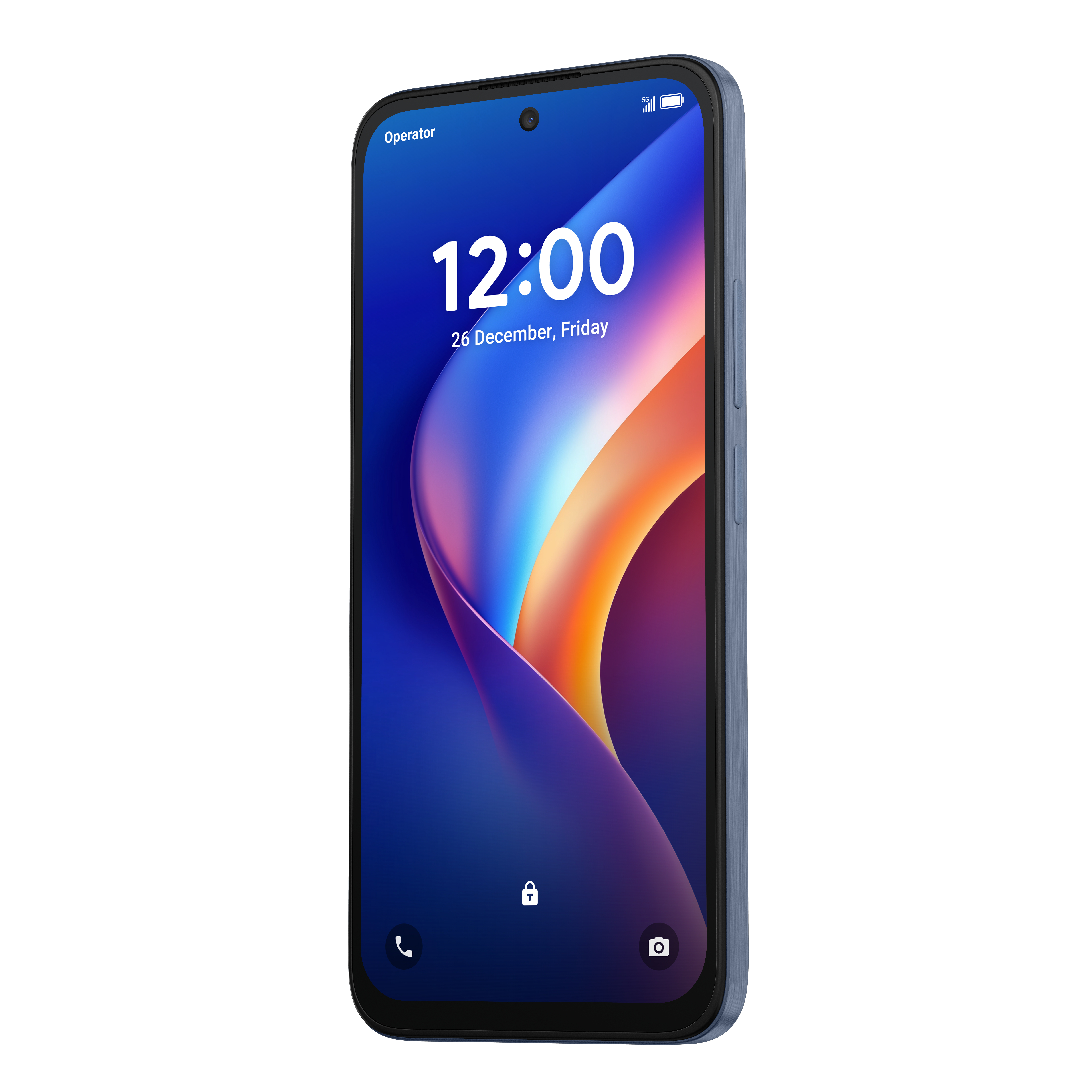 Smartphone con scocca blu e sfondo astratto colorato sullo schermo.
