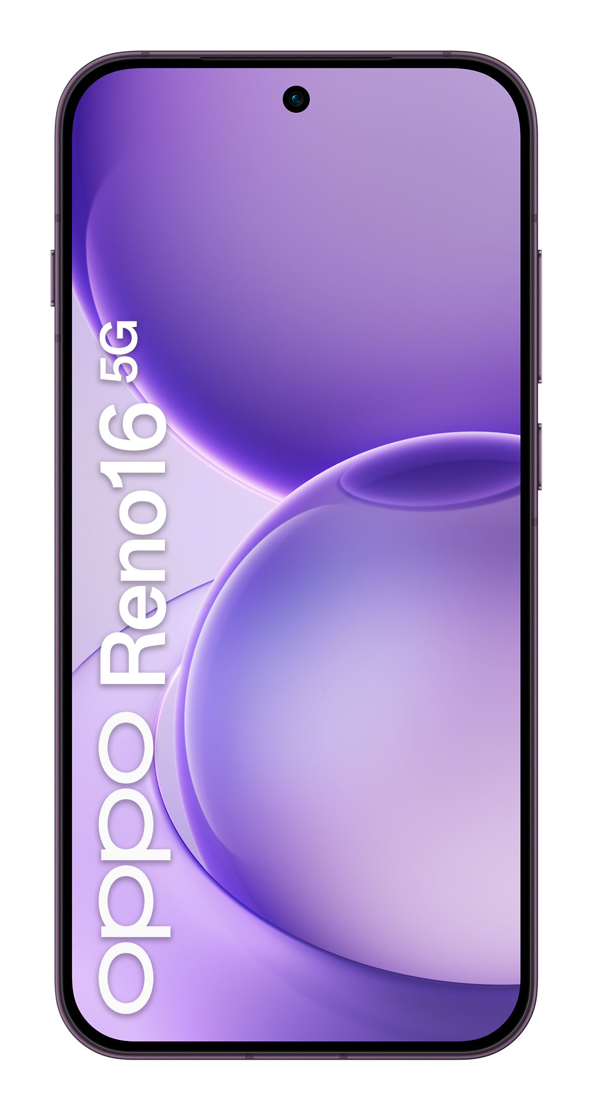 Przedni widok fioletowego smartfona z napisem Oppo Reno16 5G na ekranie.