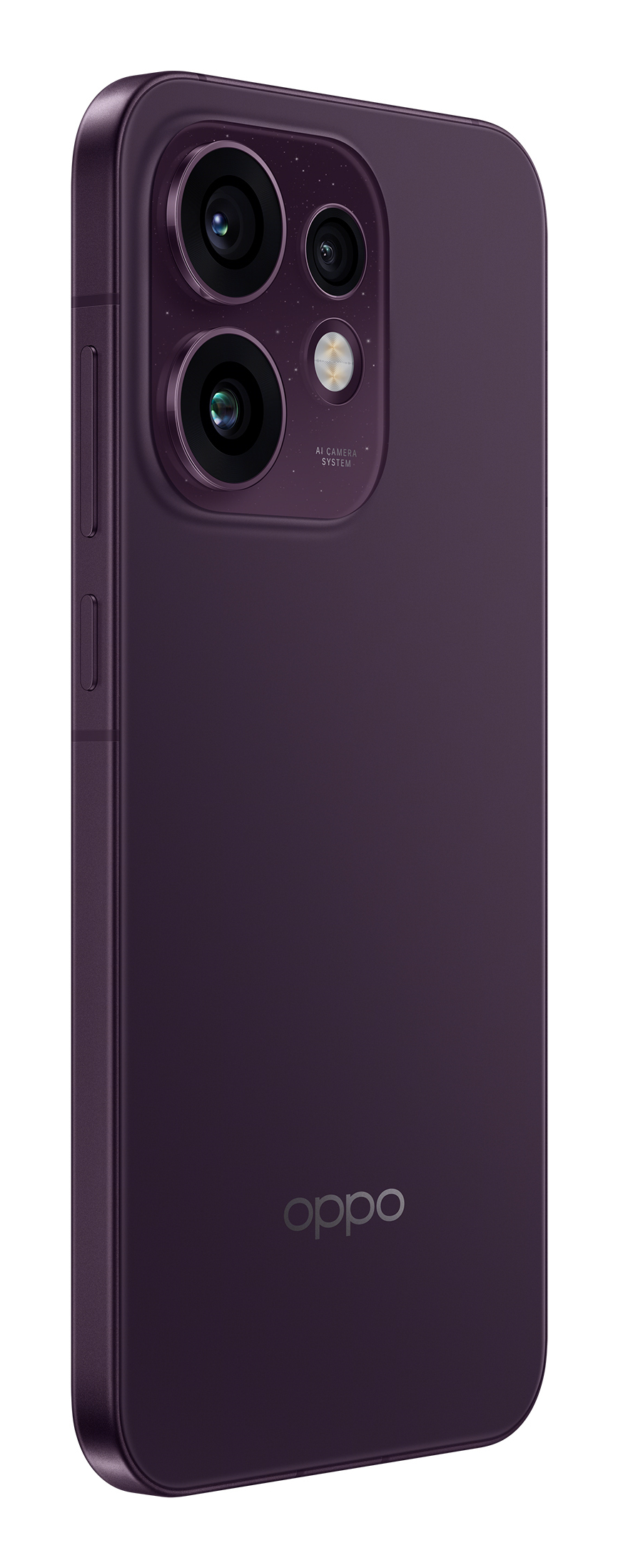 Tył fioletowego smartfona Oppo z potrójnym aparatem i logo marki.