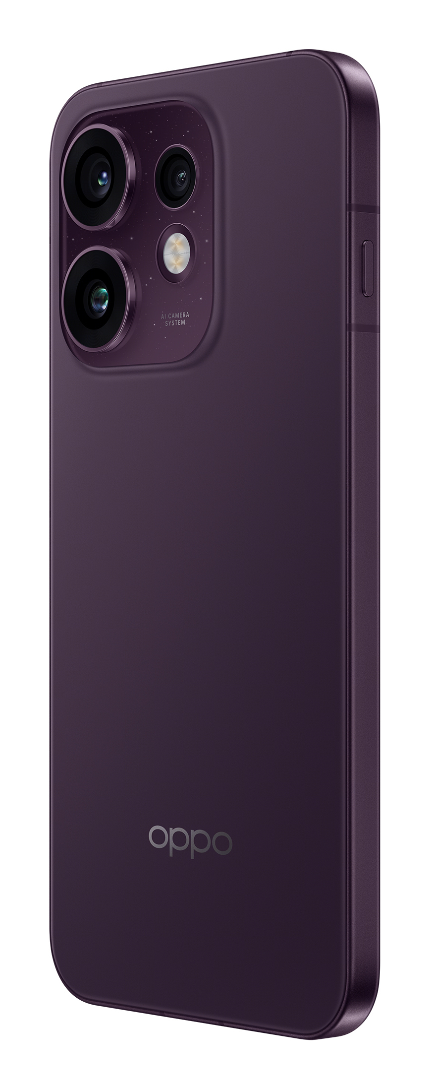 Tylna obudowa fioletowego smartfona Oppo z potrójnym aparatem i logo marki.