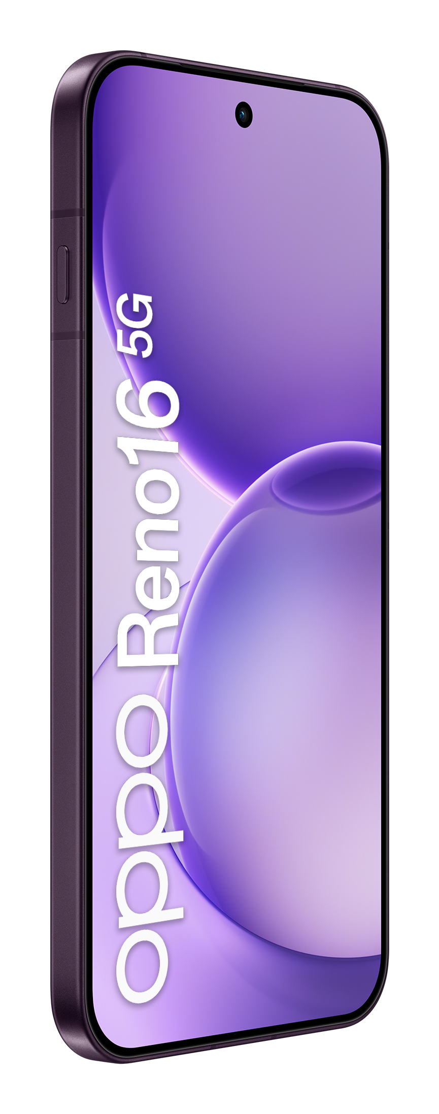 Fioletowy smartfon Oppo Reno16 5G pokazany pod kątem z tekstem Oppo Reno16 5G na fioletowym tle.