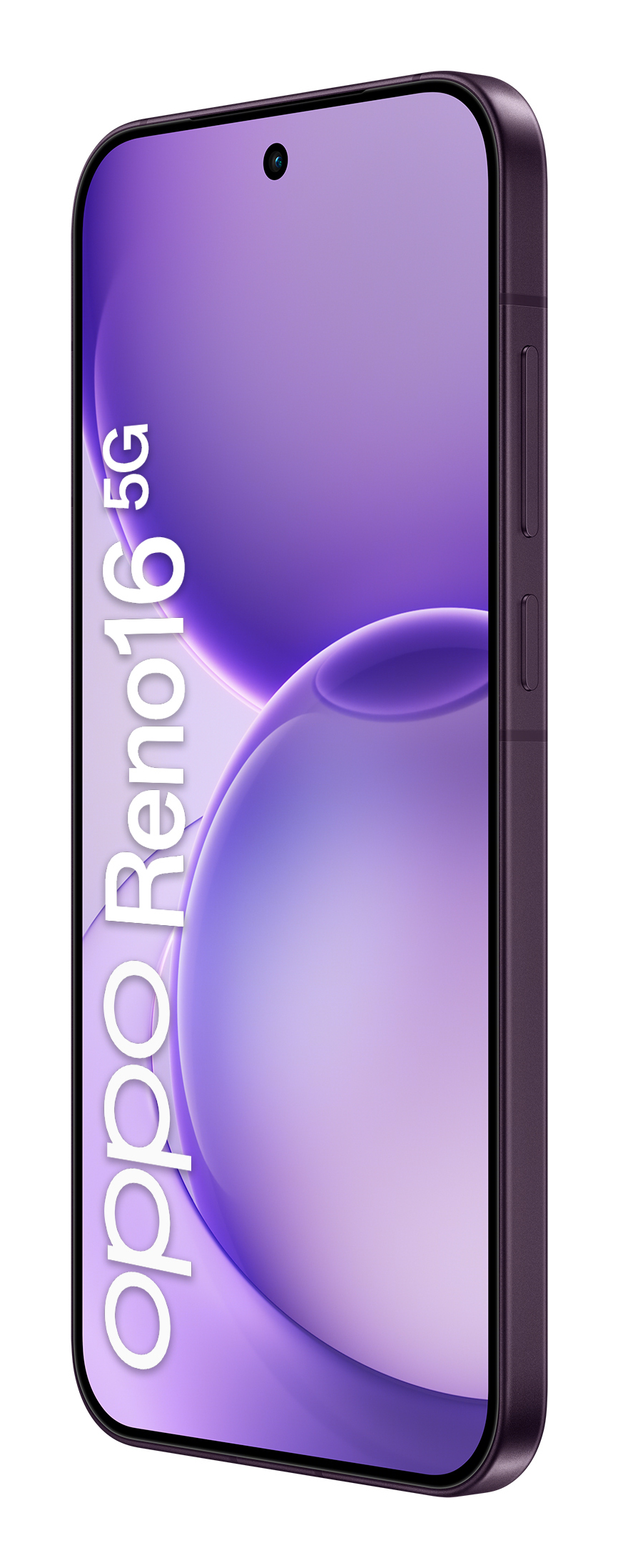 Fioletowy smartfon Oppo Reno16 5G w pionie na fioletowym tle.