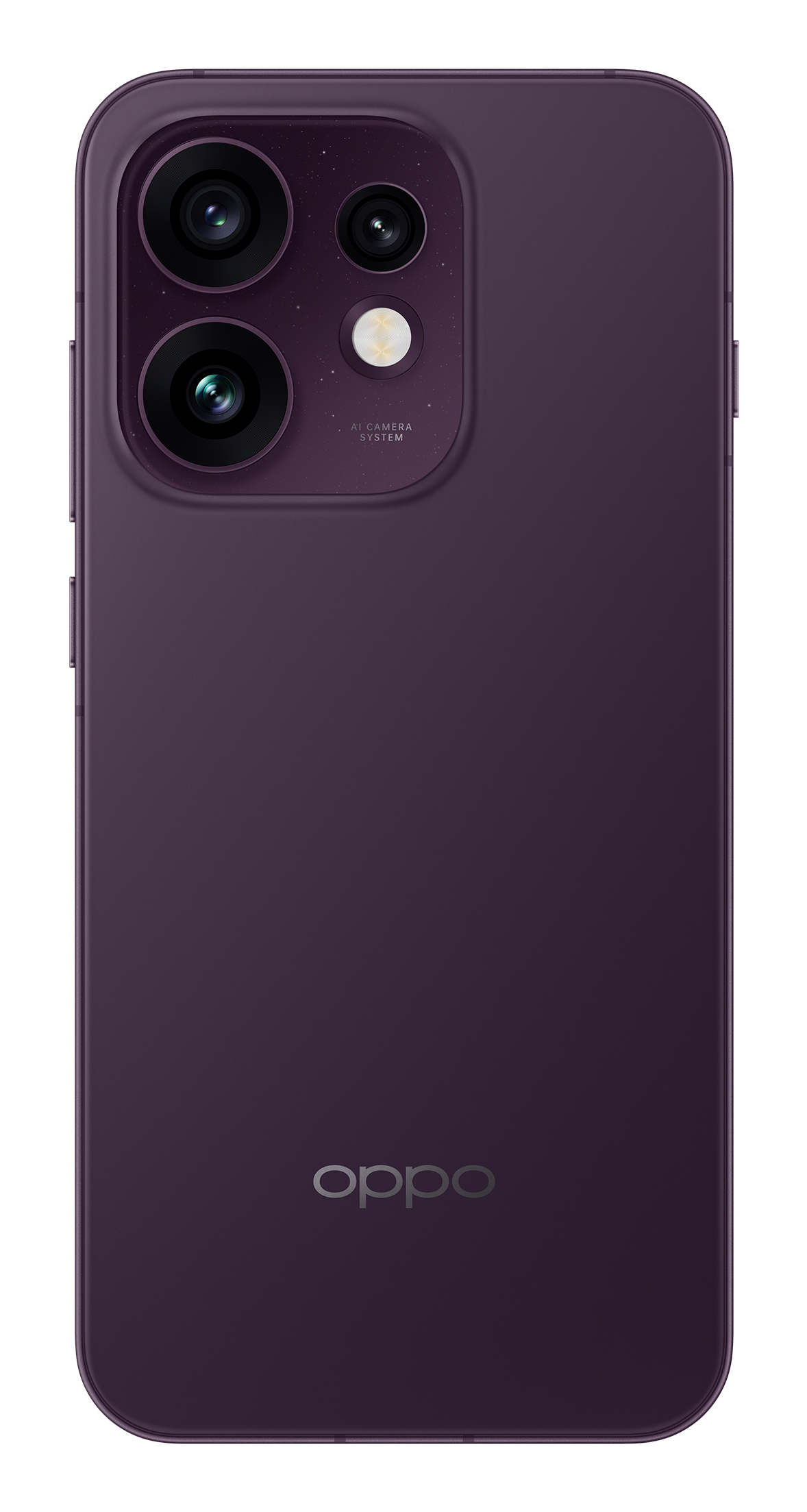 Tył fioletowego smartfona Oppo z potrójnym aparatem AI i logo.