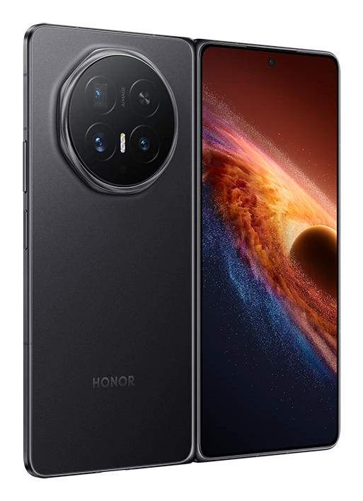 Uno smartphone Honor nero mostra una fotocamera circolare sul retro e un display colorato sul davanti.