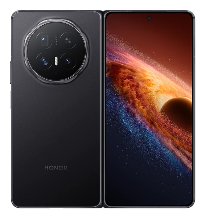 Uno smartphone Honor nero con un modulo fotocamera rotondo sul retro e un display luminoso sul davanti.