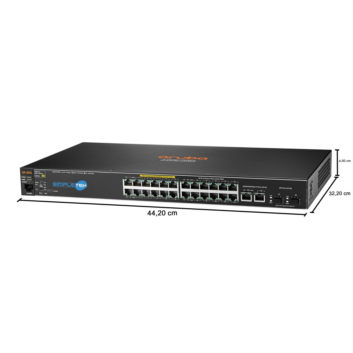 Ein schwarzer Aruba Netzwerk-Switch mit Maßen und RJ45-Ports auf weißem Hintergrund.