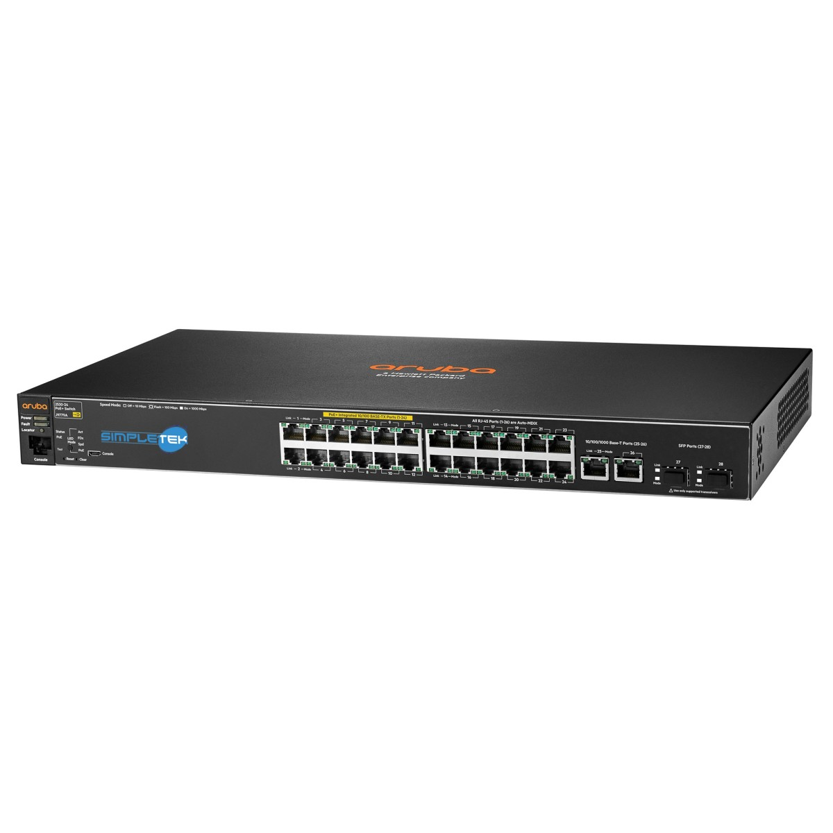 Ein schwarzer Aruba Netzwerk-Switch mit mehreren Ethernet-Ports und LED-Anzeigen auf einer weißen Oberfläche.