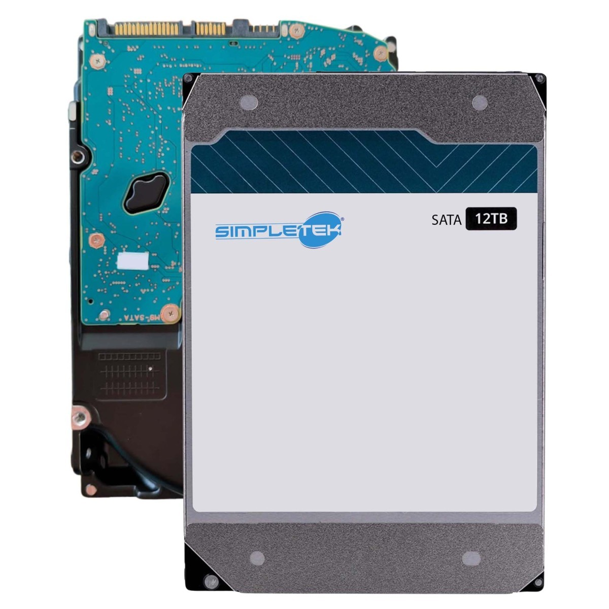 Dysk twardy SATA 12 TB z marką SimpleTek przed innym dyskiem twardym.