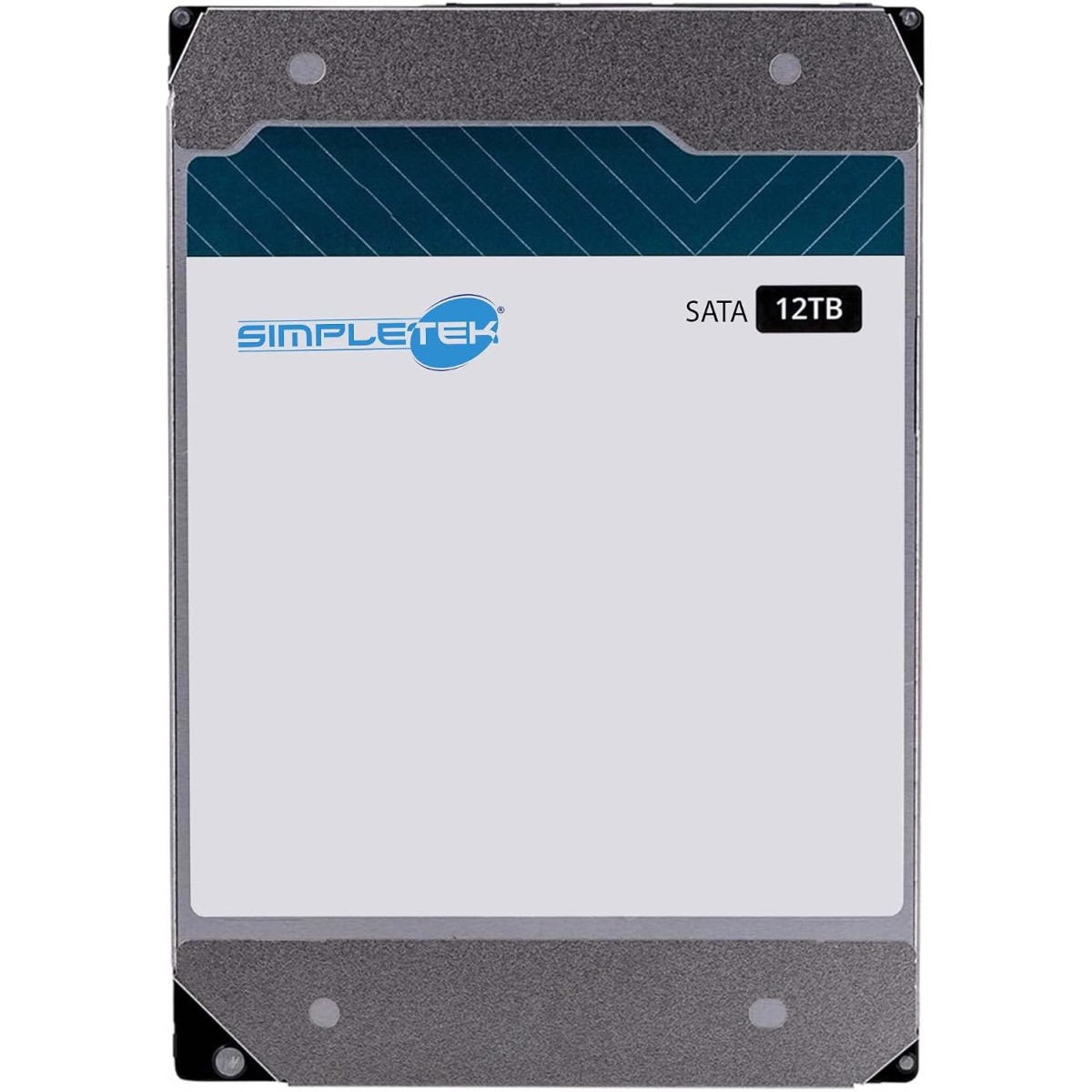 Dysk twardy SATA SimpleTek 12TB z białą etykietą i niebieskimi paskami na gładkim tle.