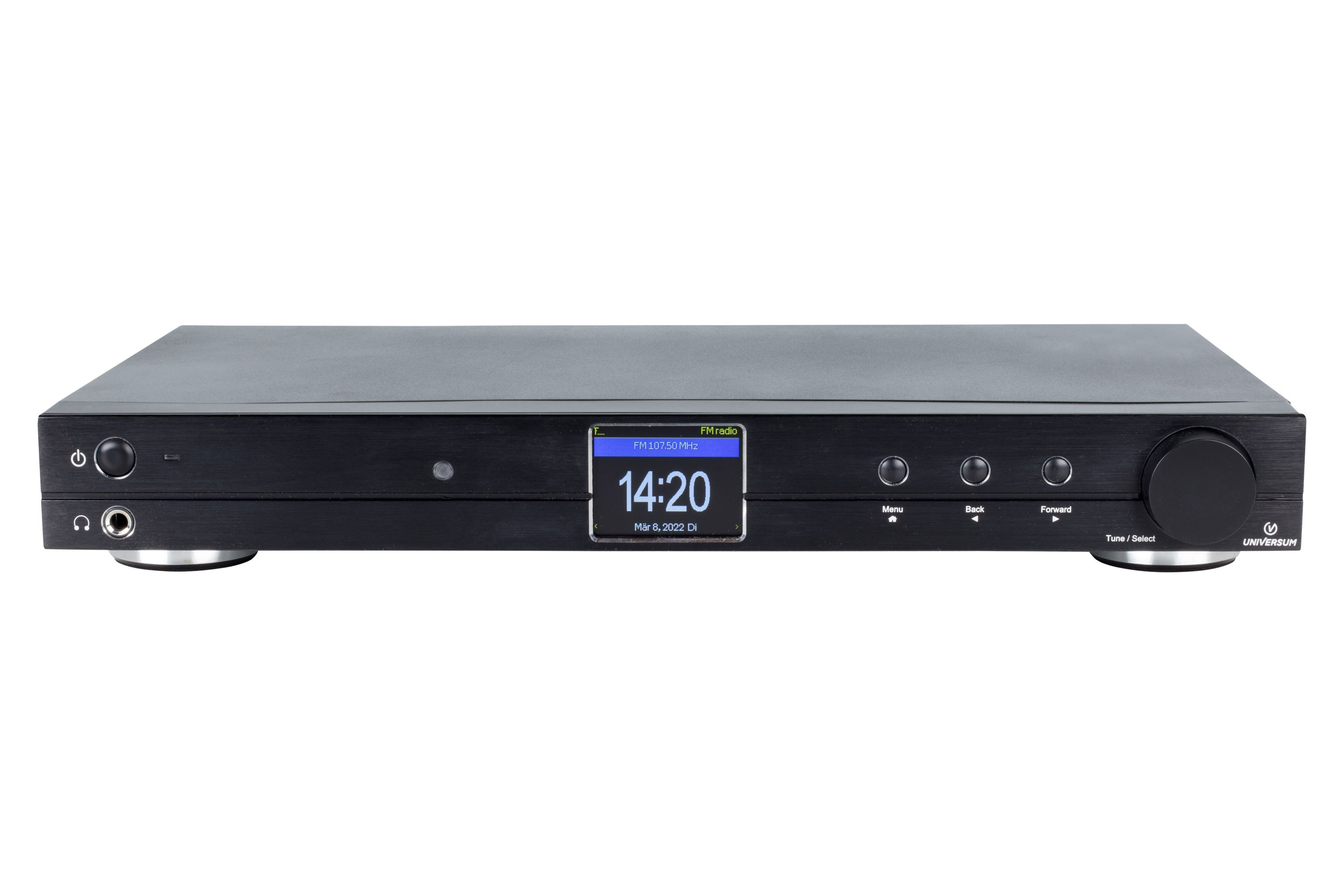 Ein schwarzer Universum-Digitalreceiver mit zentralem Display, Drehreglern und Tasten auf weißem Hintergrund.