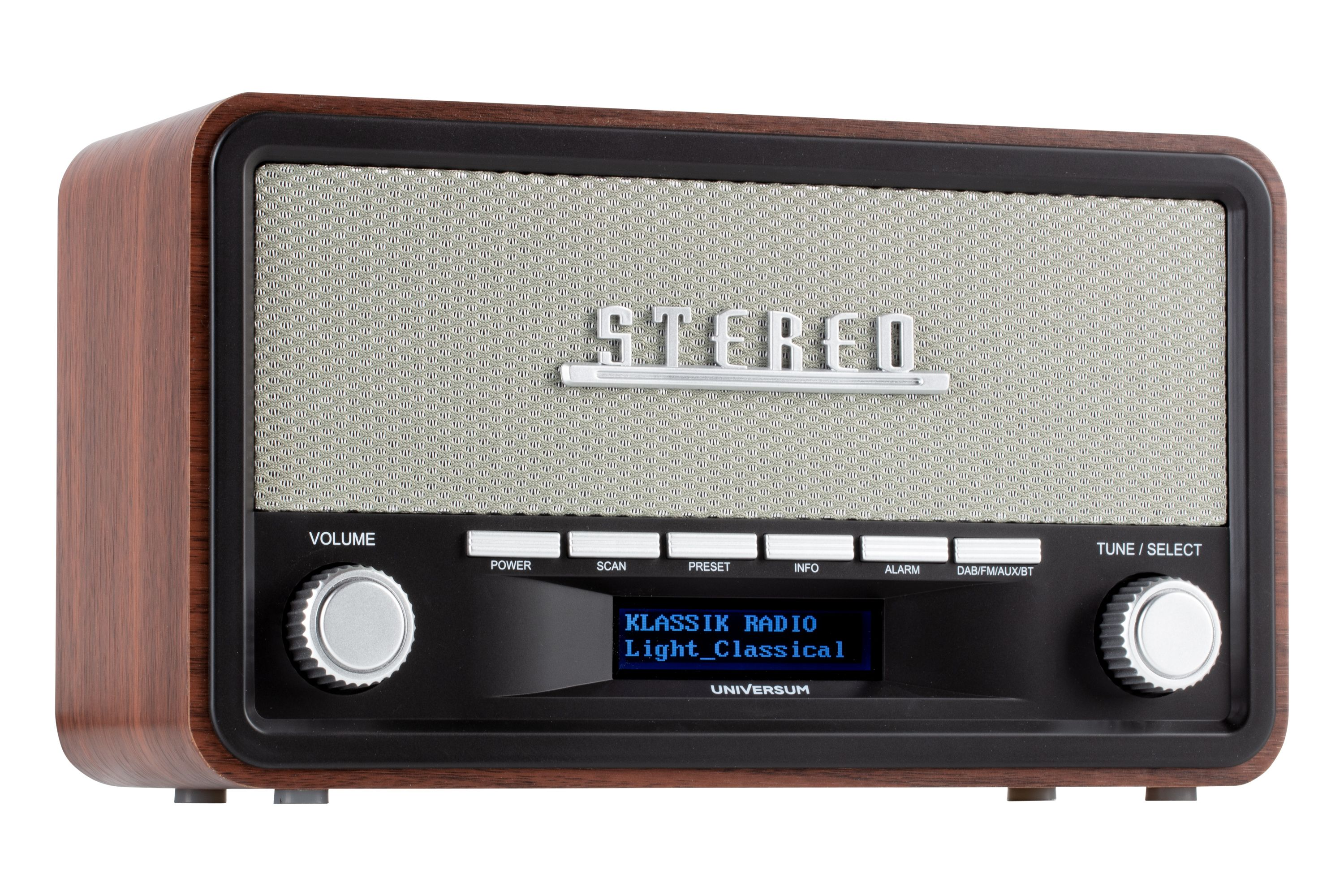 Retro-Holzradio mit silbernen Reglern, grauer Lautsprecherabdeckung und blauem Display auf weißem Hintergrund.