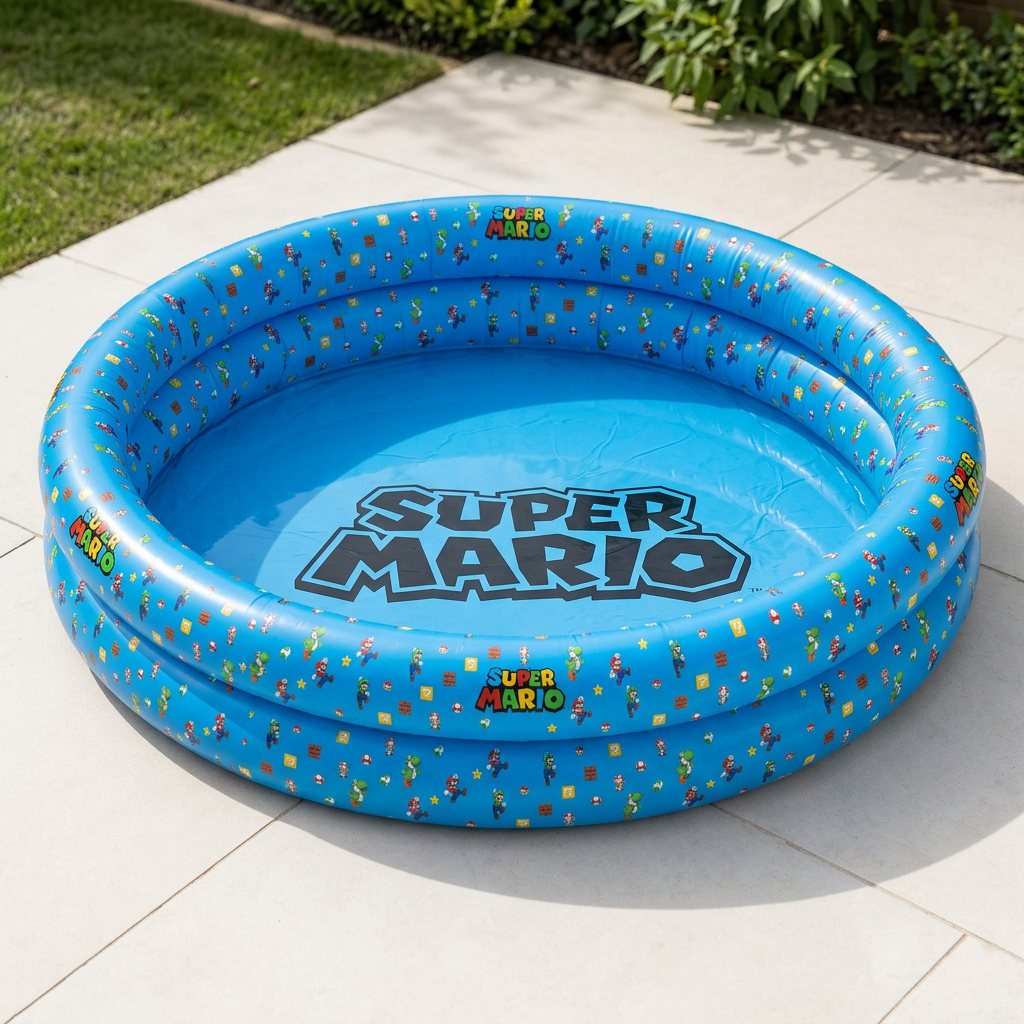 Ein blaues aufblasbares Kinderbecken mit Super Mario-Motive auf Fliesen.