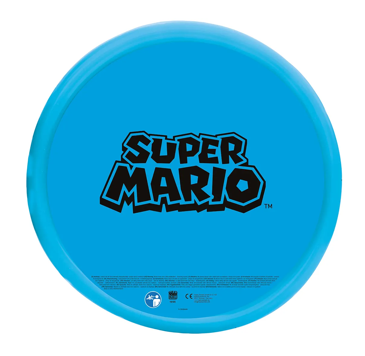 Ein blauer Super Mario Schwimmring mit schwarzem Logo und Sicherheitshinweisen.