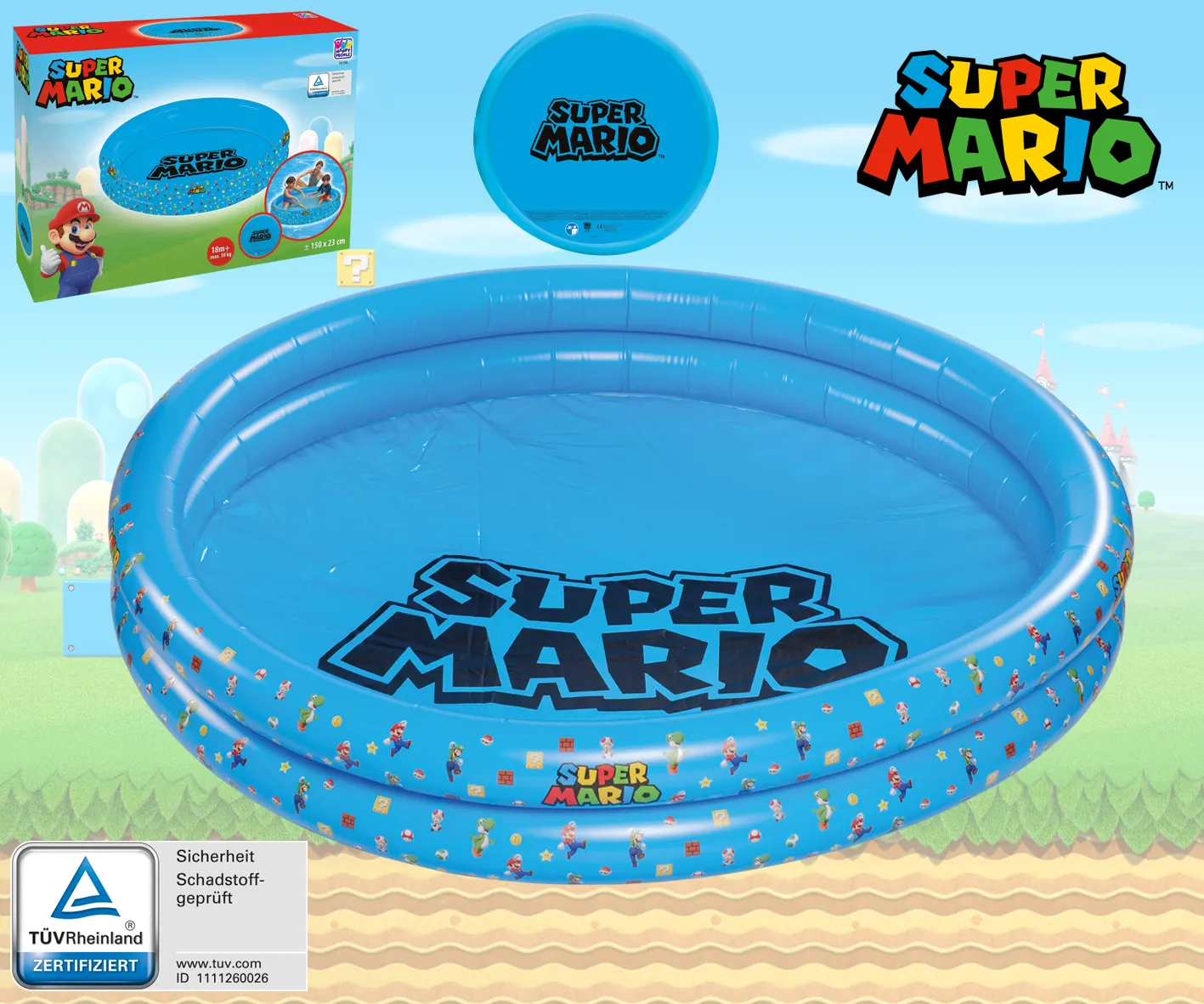Ein blauer Super Mario Inflatable Pool mit Mario-Grafiken auf blauem Hintergrund mit Wolken.