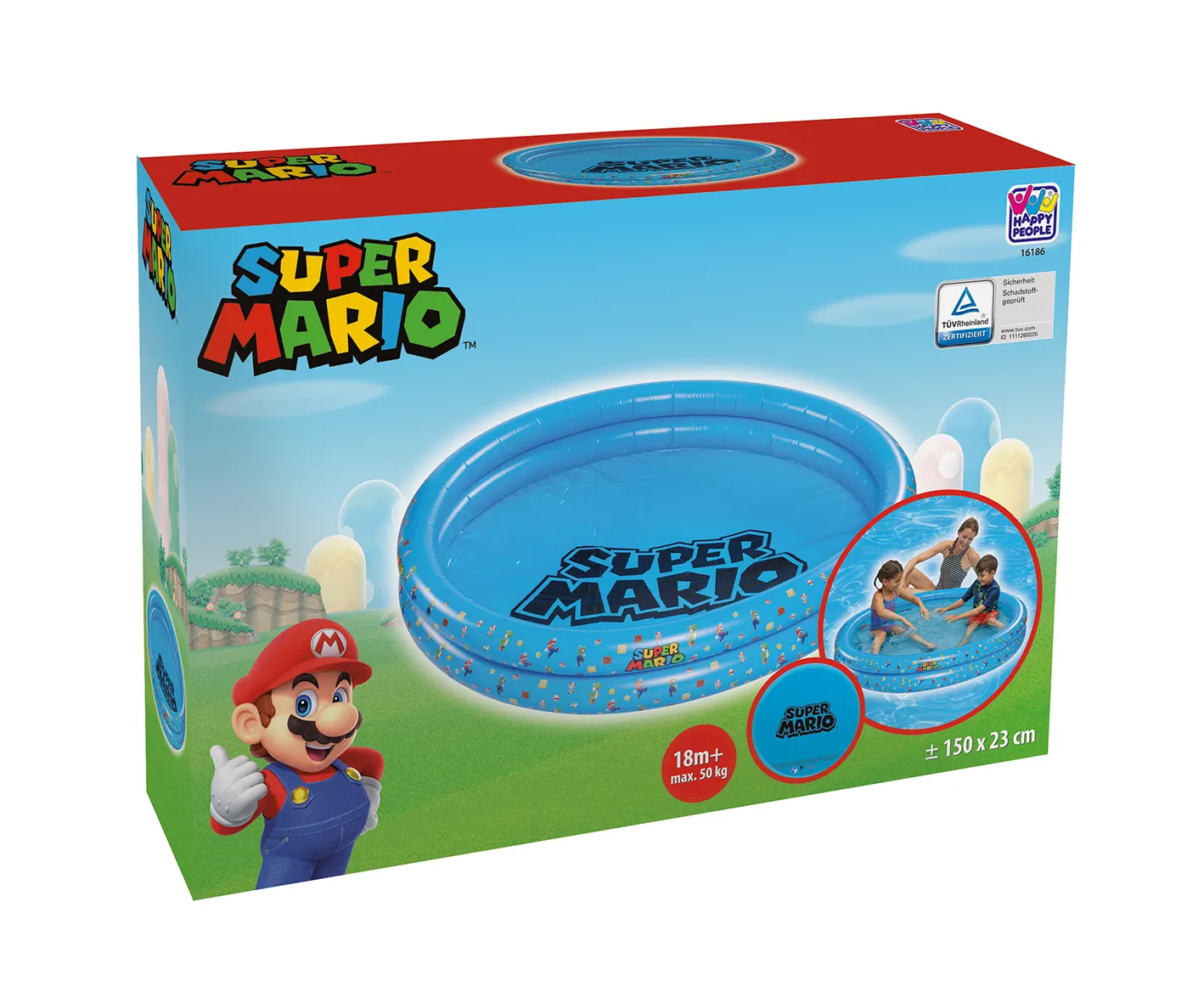 Verpackung eines blauen Super Mario Planschbeckens mit Mario-Grafiken und Kindern beim Spielen im Wasser.