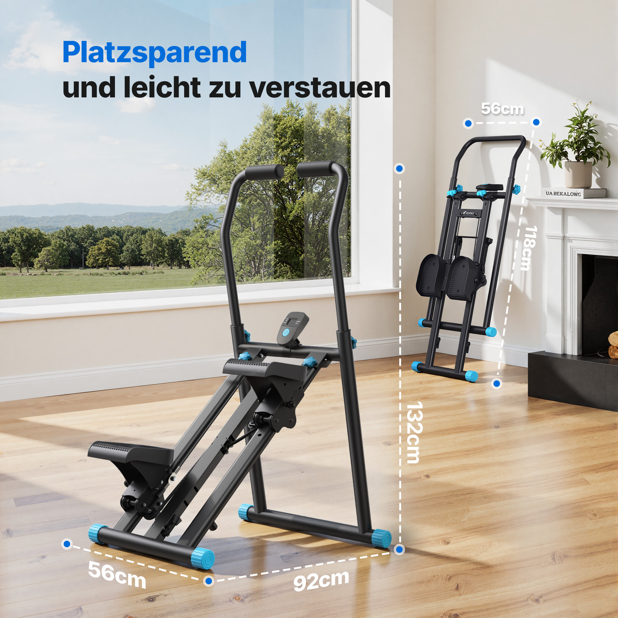 Ein faltbarer schwarzer Heimtrainer mit blauen Details in einem hellen Raum, daneben die gefaltete Version mit Maßen.
