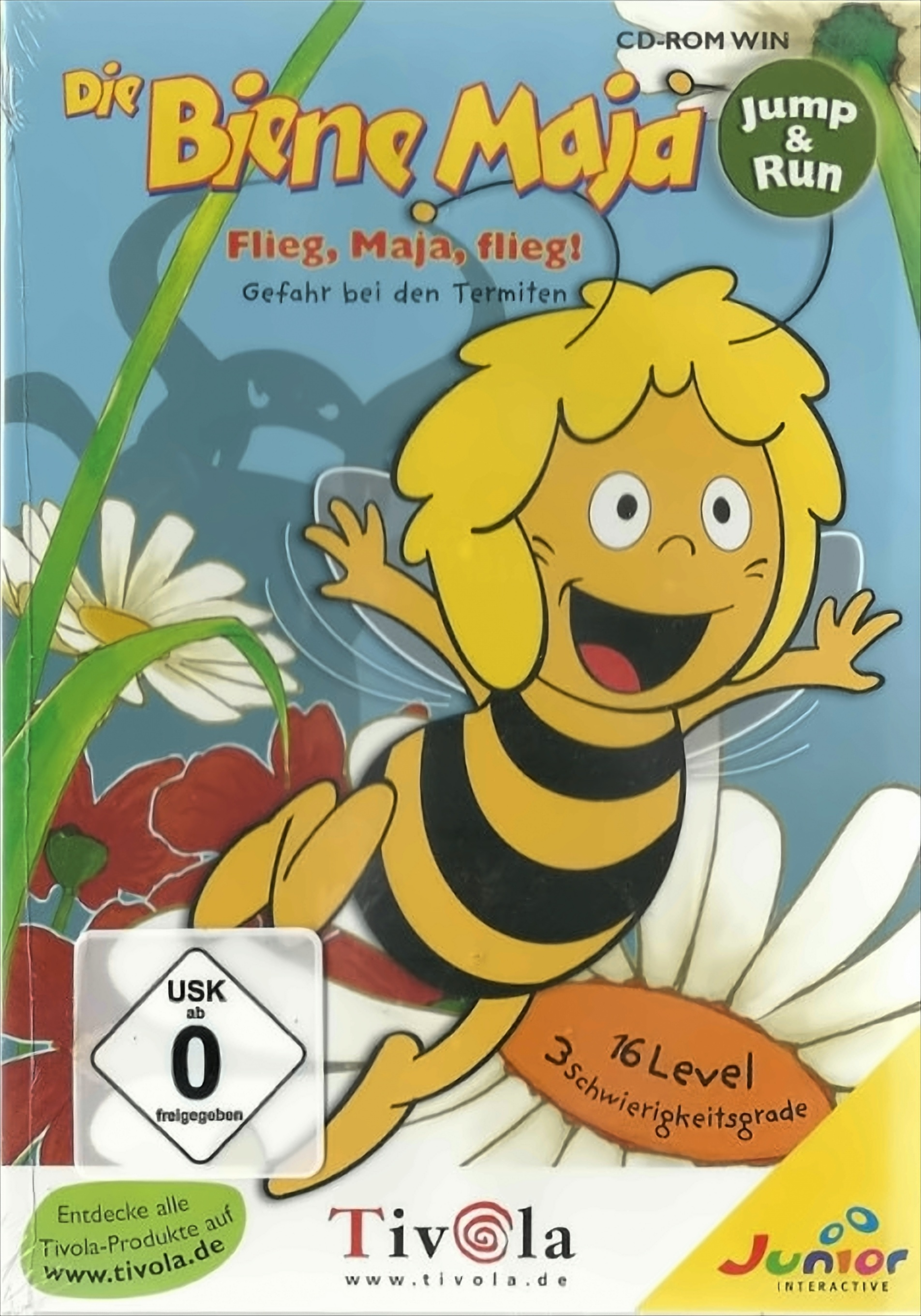 Cover des CD-ROM-Spiels Die Biene Maja mit Maja im Flug vor Blumen und einem USK-0-Logo.