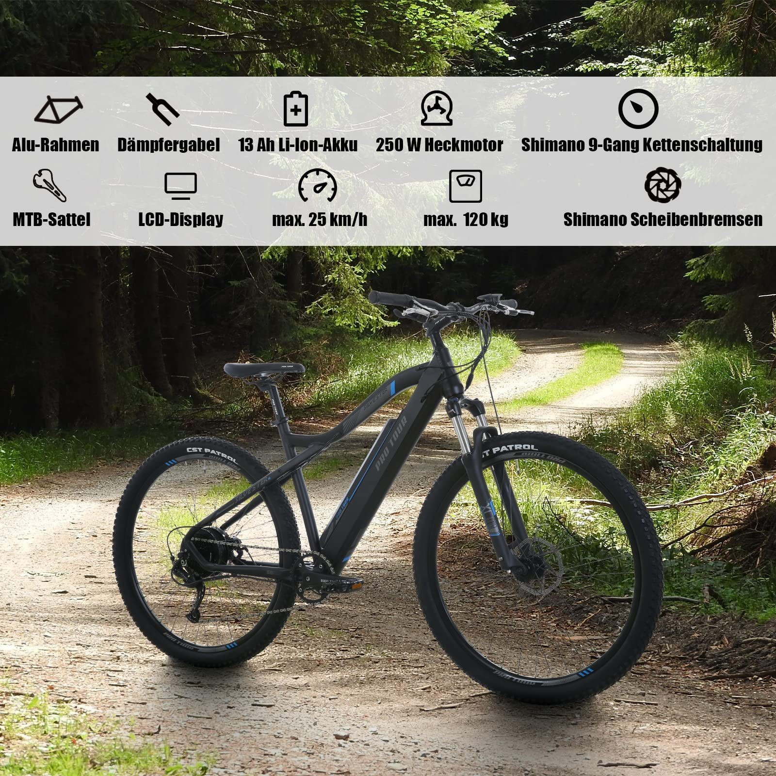 Schwarzes E-Bike auf einem Waldweg mit technischen Spezifikationen im oberen Bereich.