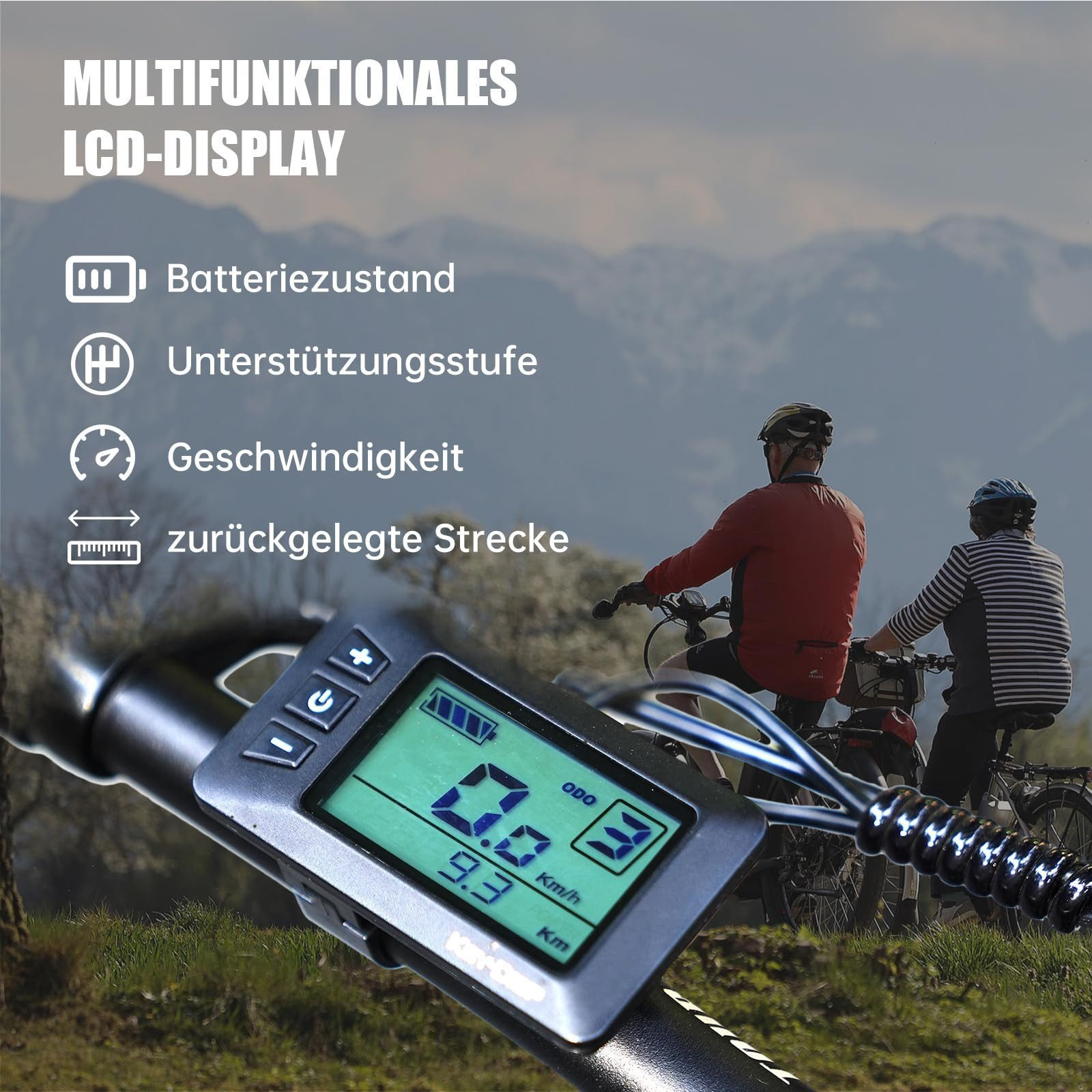 Ein E-Bike-Lenker-LCD-Display mit Batterie, Geschwindigkeit und Strecke, mit Radfahrern auf einem Bergpfad im Hintergrund.