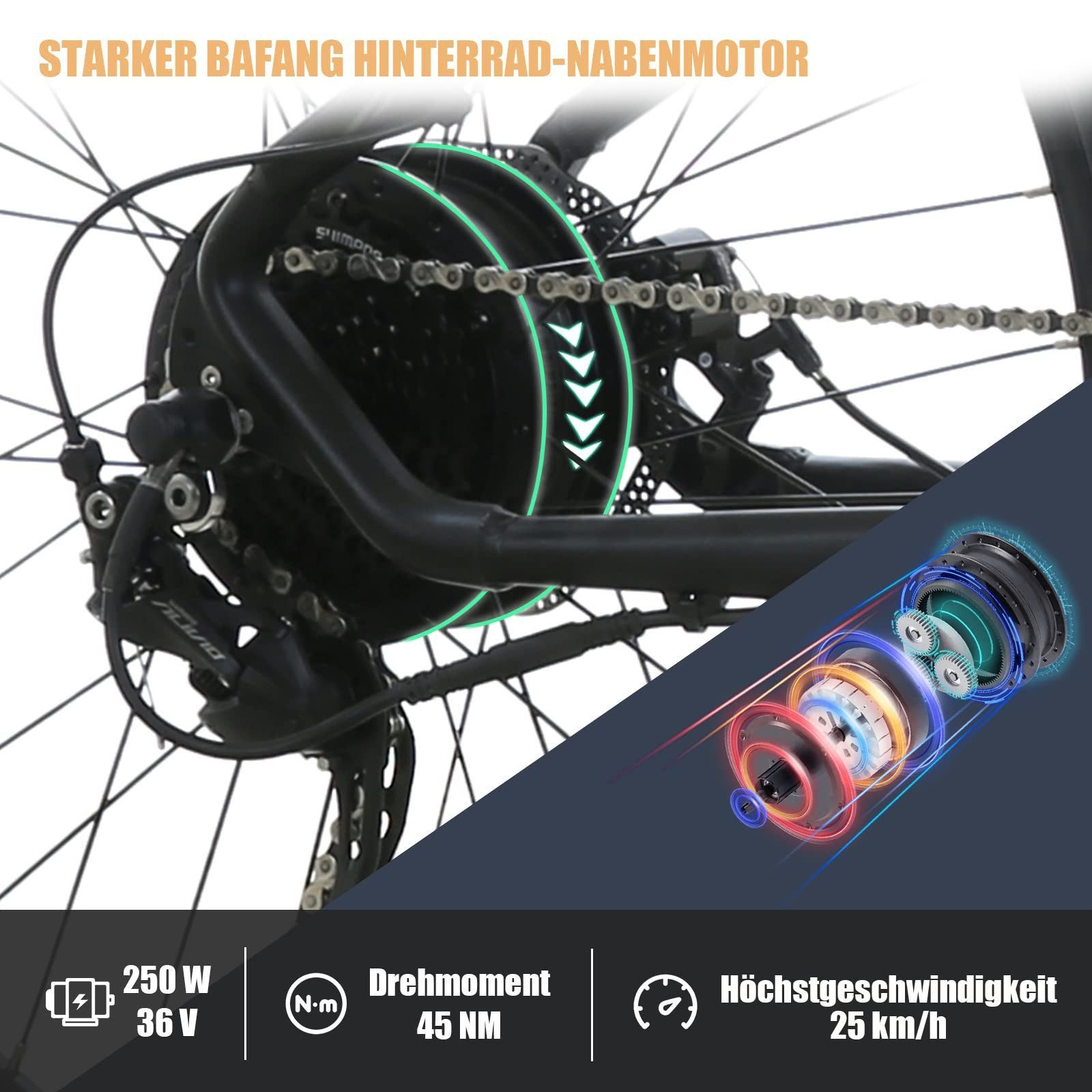 Starker Bafang Hinterrad-Nabenmotor mit 250W, 36V, 45 Nm Drehmoment und 25 km/h Höchstgeschwindigkeit.