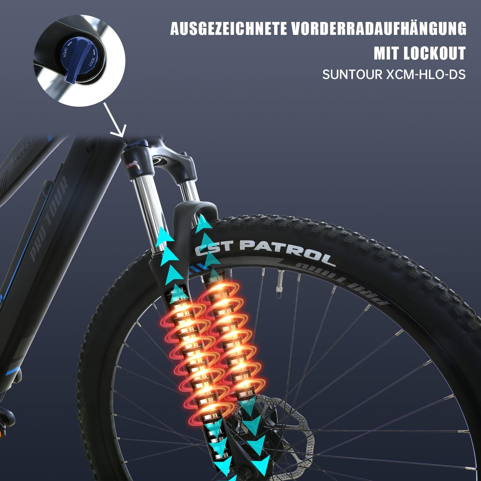Fahrradgabel Suntour XCM-HLO-DS mit Lockout-Funktion und roten Federungsdämpfern.